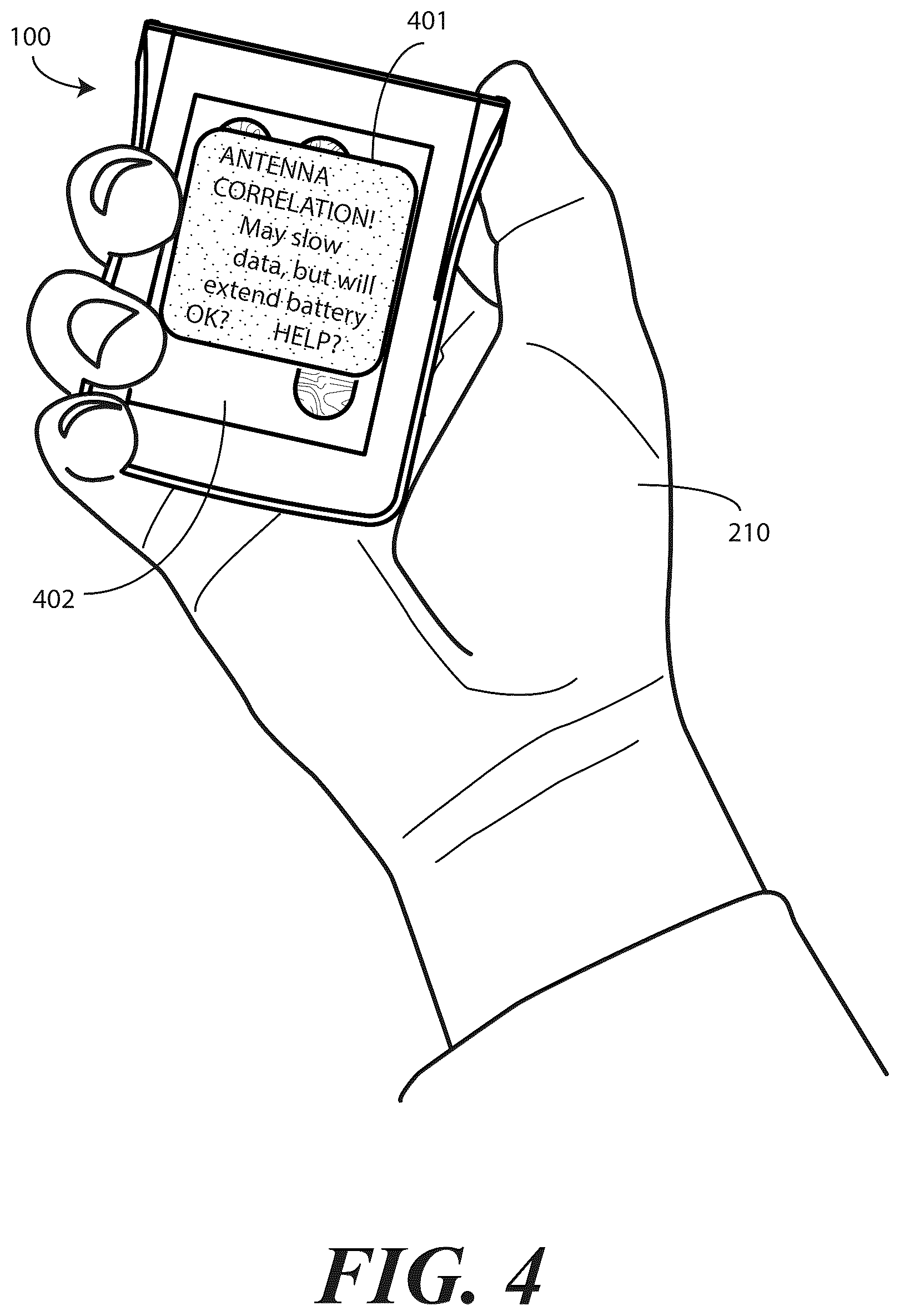 Patent US11824605 Figure 4 – Dynamic selection and usage of MIMO antenna elements in an electronic device as a function of correlation pattern