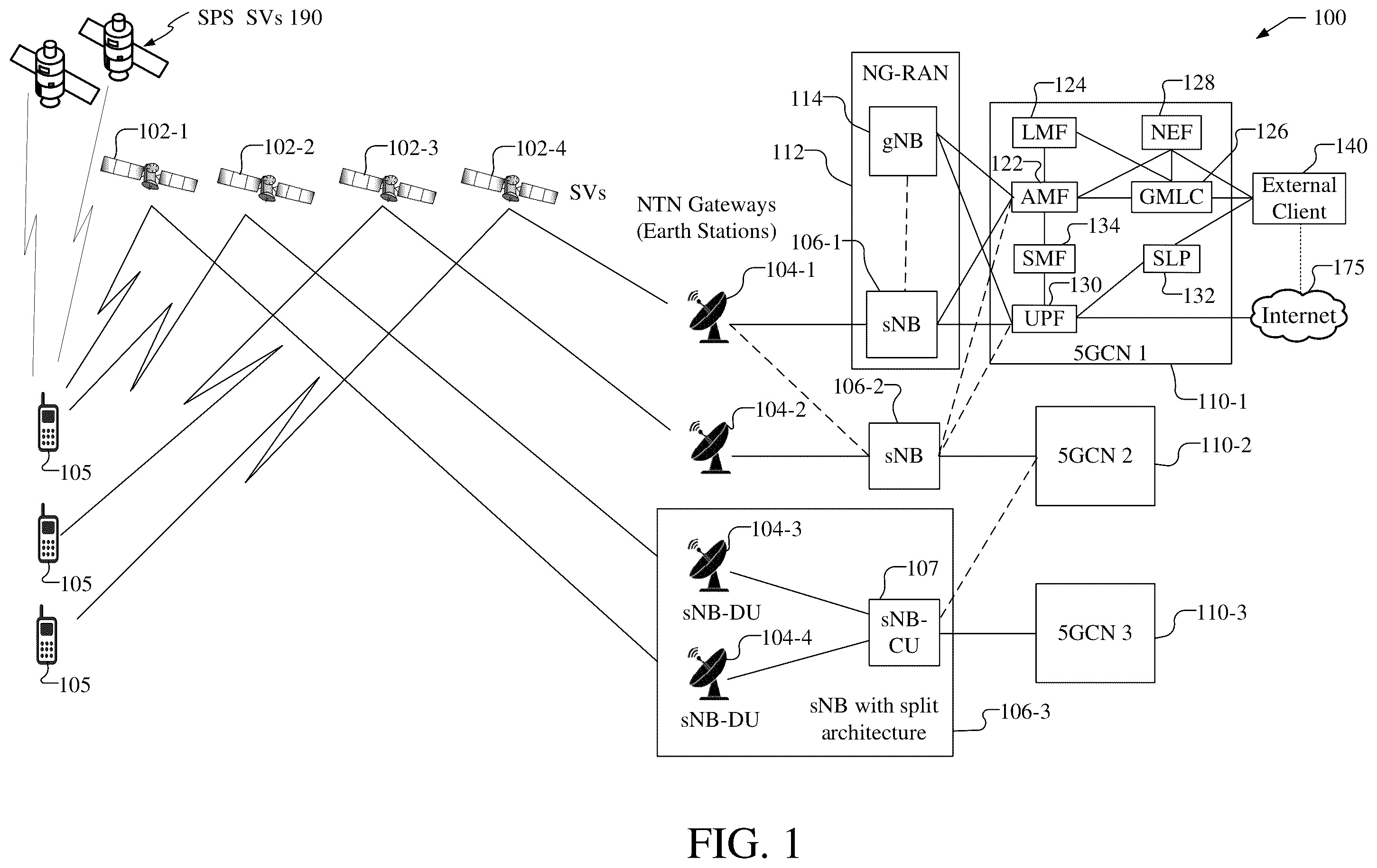 Patent US11824625 — Systems and methods for handover of mobile devices, radio cells and space vehicles for mobile satellite wireless access — Figure 1