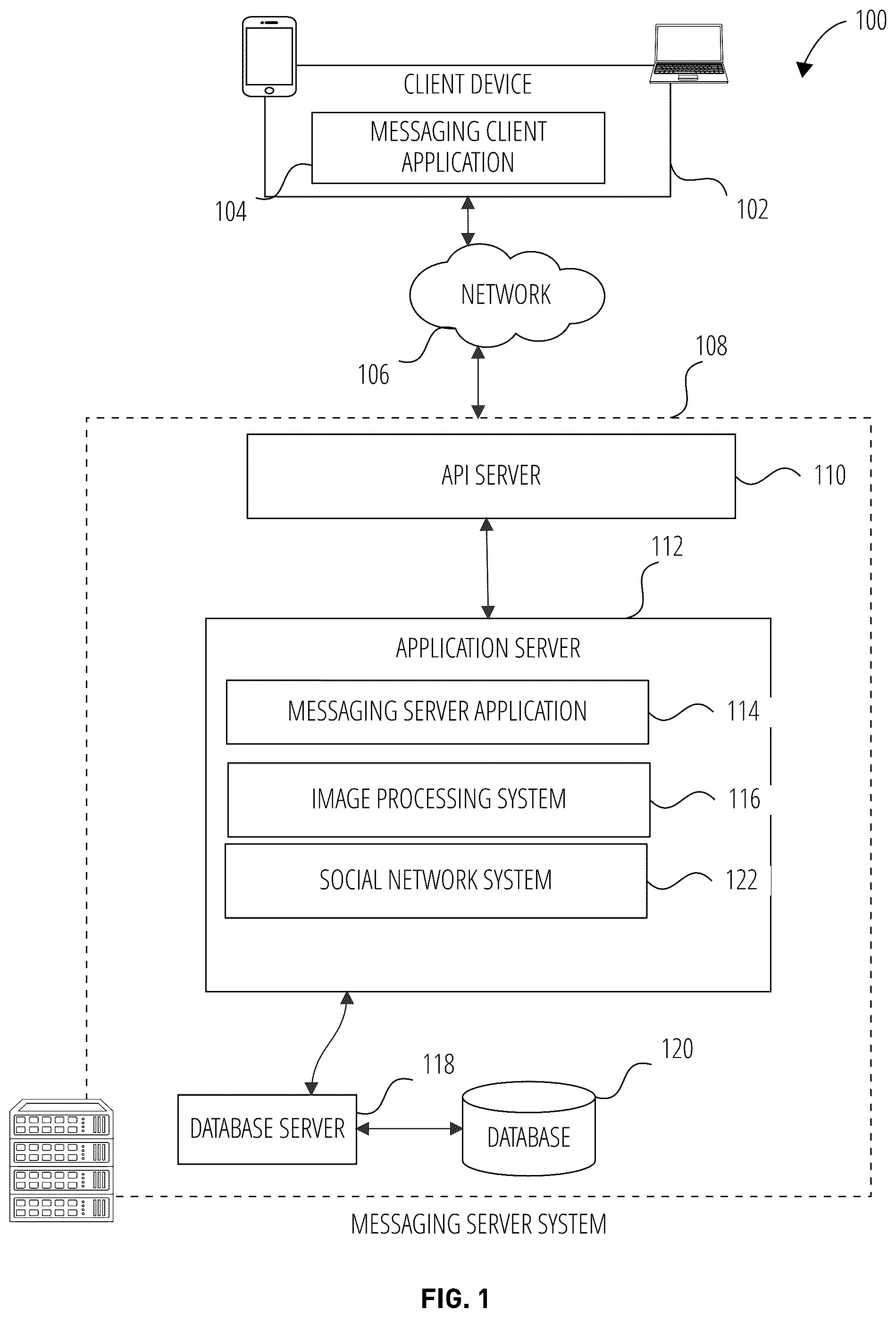 Patent US11824825 Figure 1 – Messaging system with in-application notifications