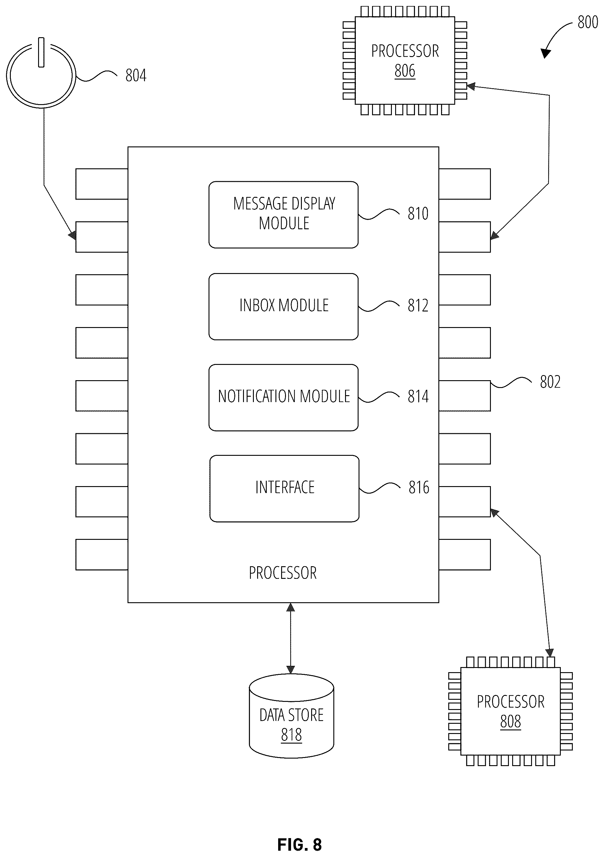 Patent US11824825 Figure 8 – Messaging system with in-application notifications