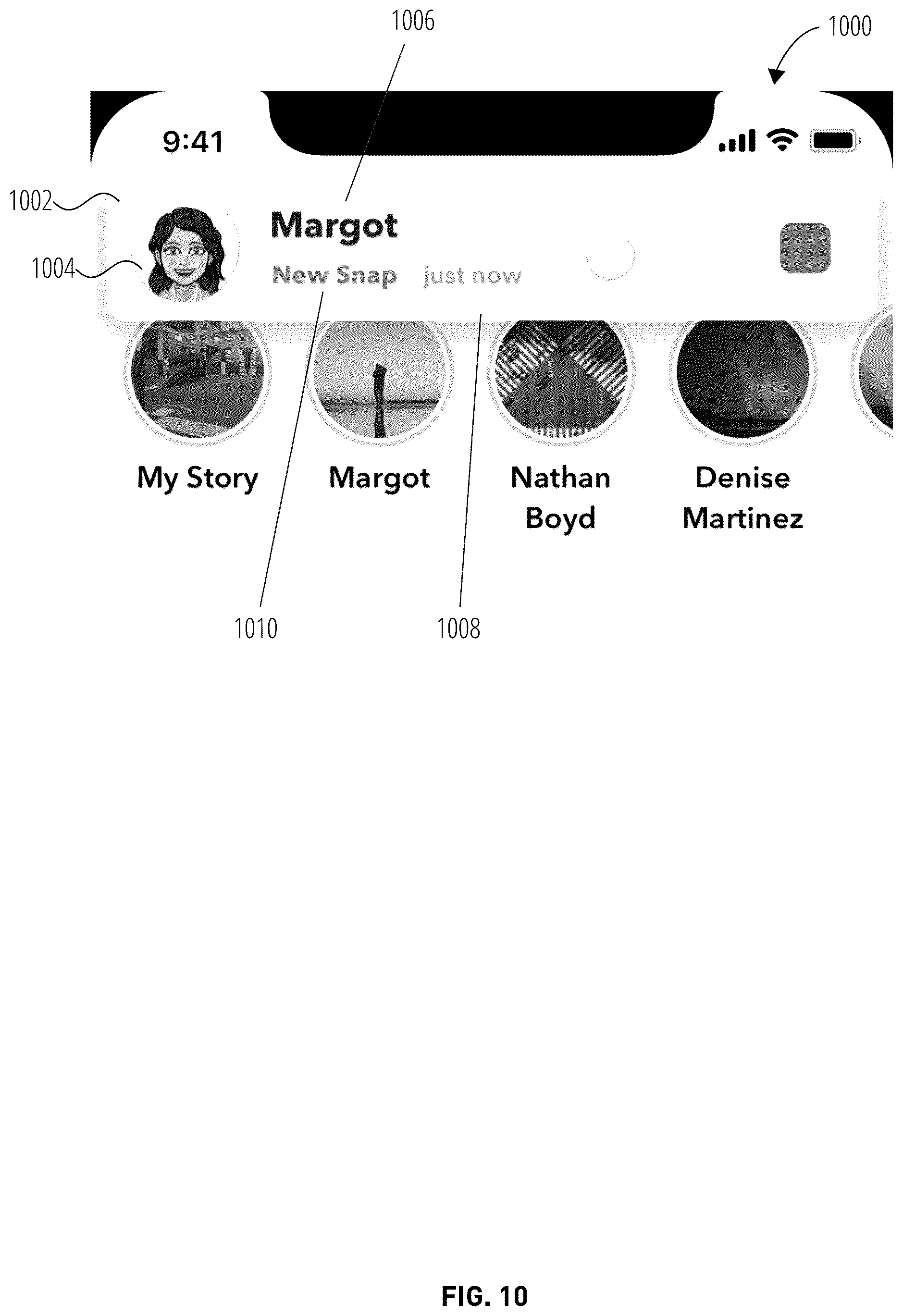 Patent US11824825 Figure 10 – Messaging system with in-application notifications