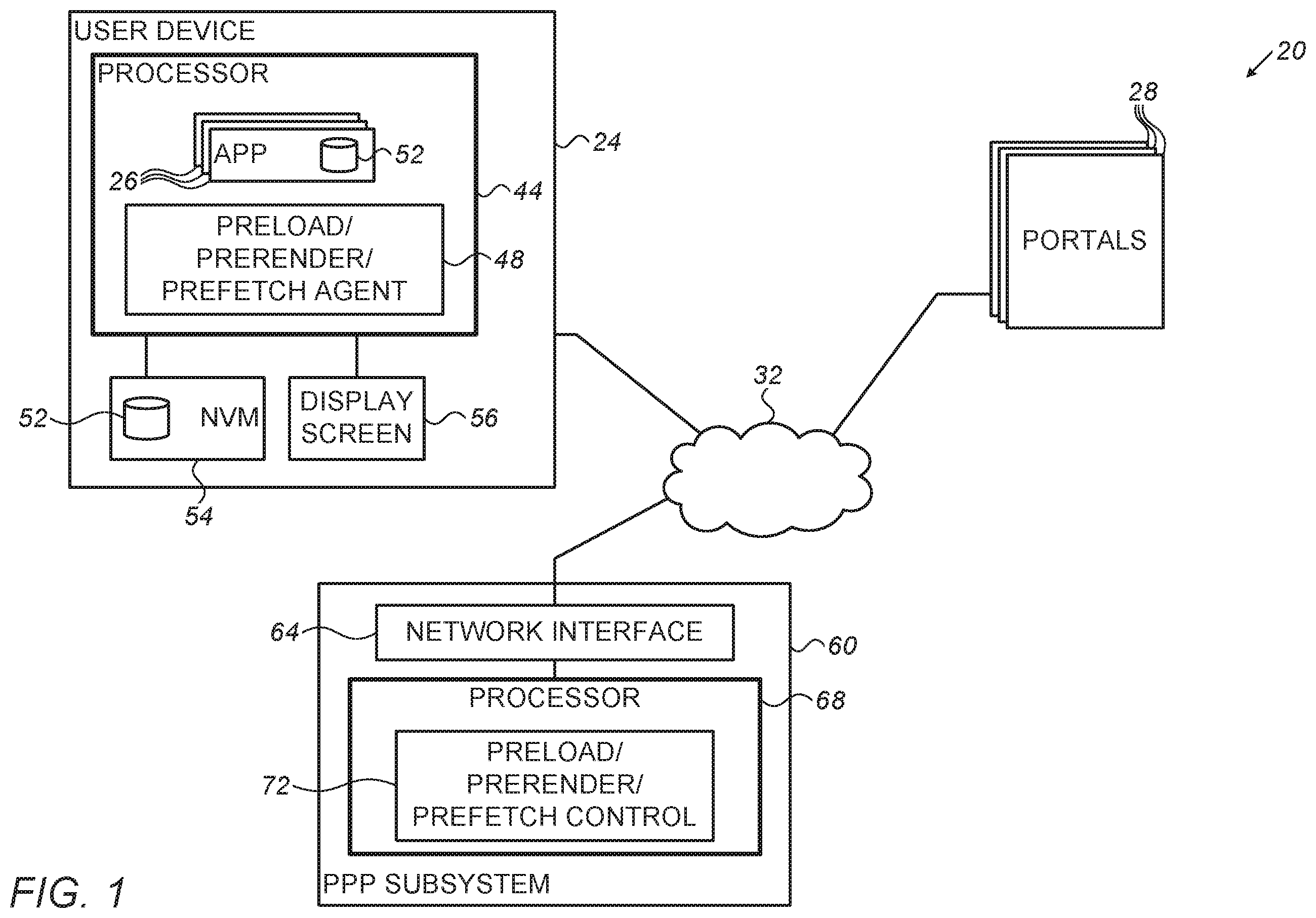 Patent US11824956 — Pre-rendering of application user-interfaces in user devices using off-line pre-render mode — Figure 1