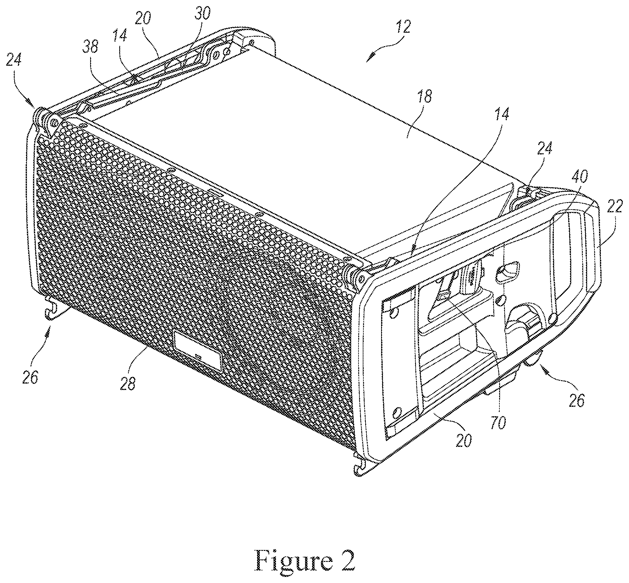 Patent US11832040 Figure 2 – Speaker array with adjustable hanging system