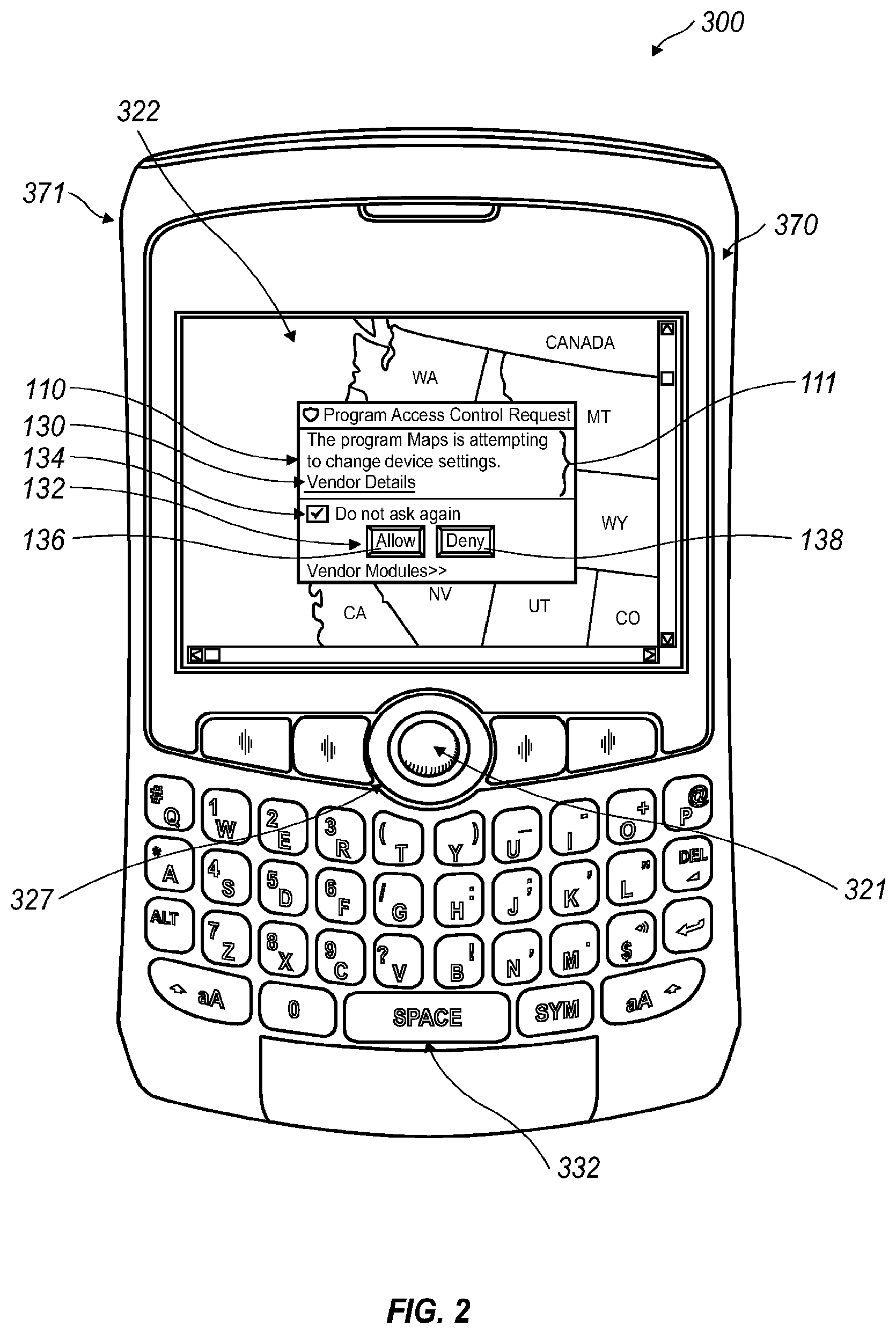Patent US11832143 Figure 2 – Notification of access control request and explanation indicative of the access control request on a communication device