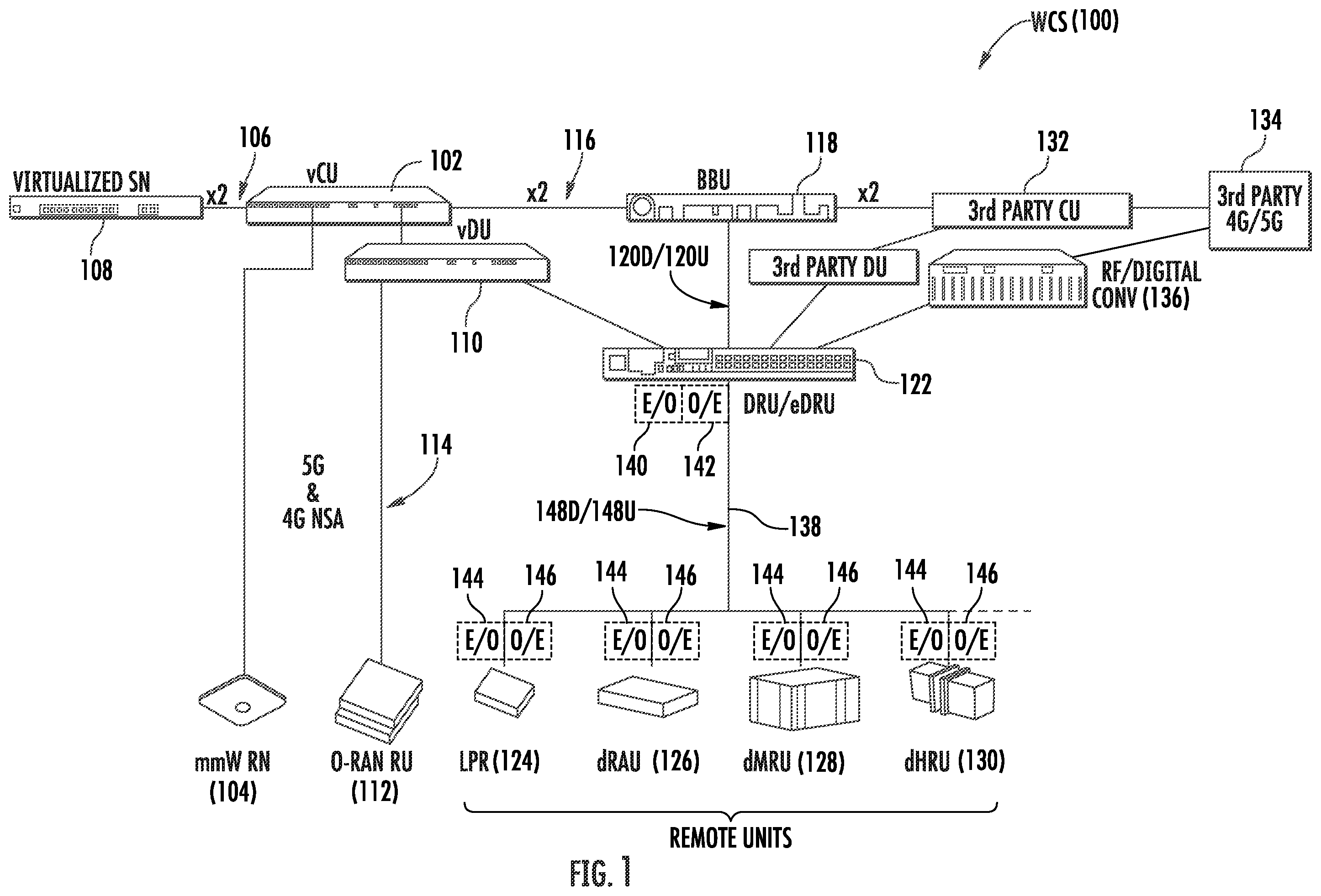Patent US11832353 Figure 1 – Dynamic use of remote units in a wireless communications system (WCS)