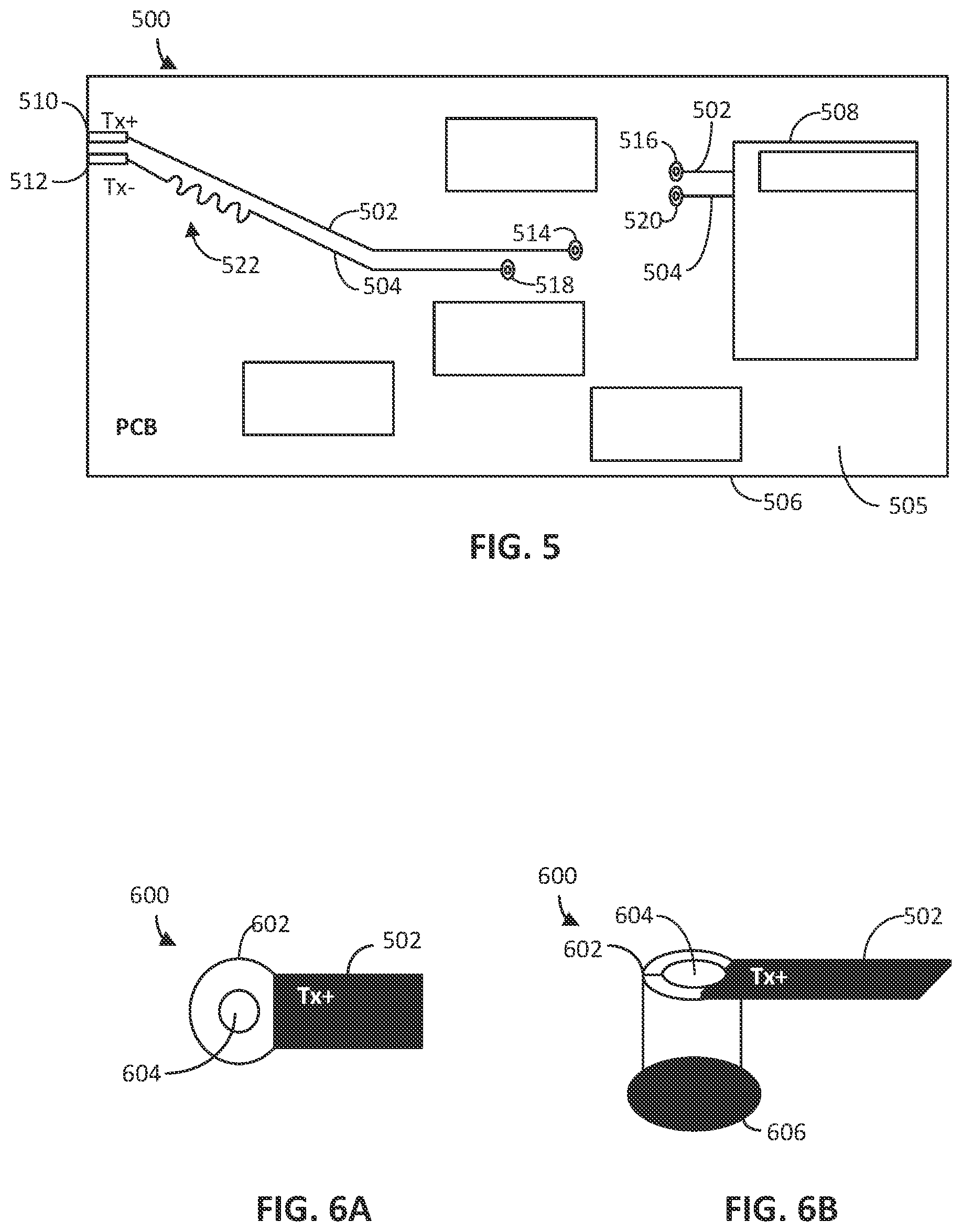 Patent US11832383 Figure 4 – Shared vias for differential pair trace routing
