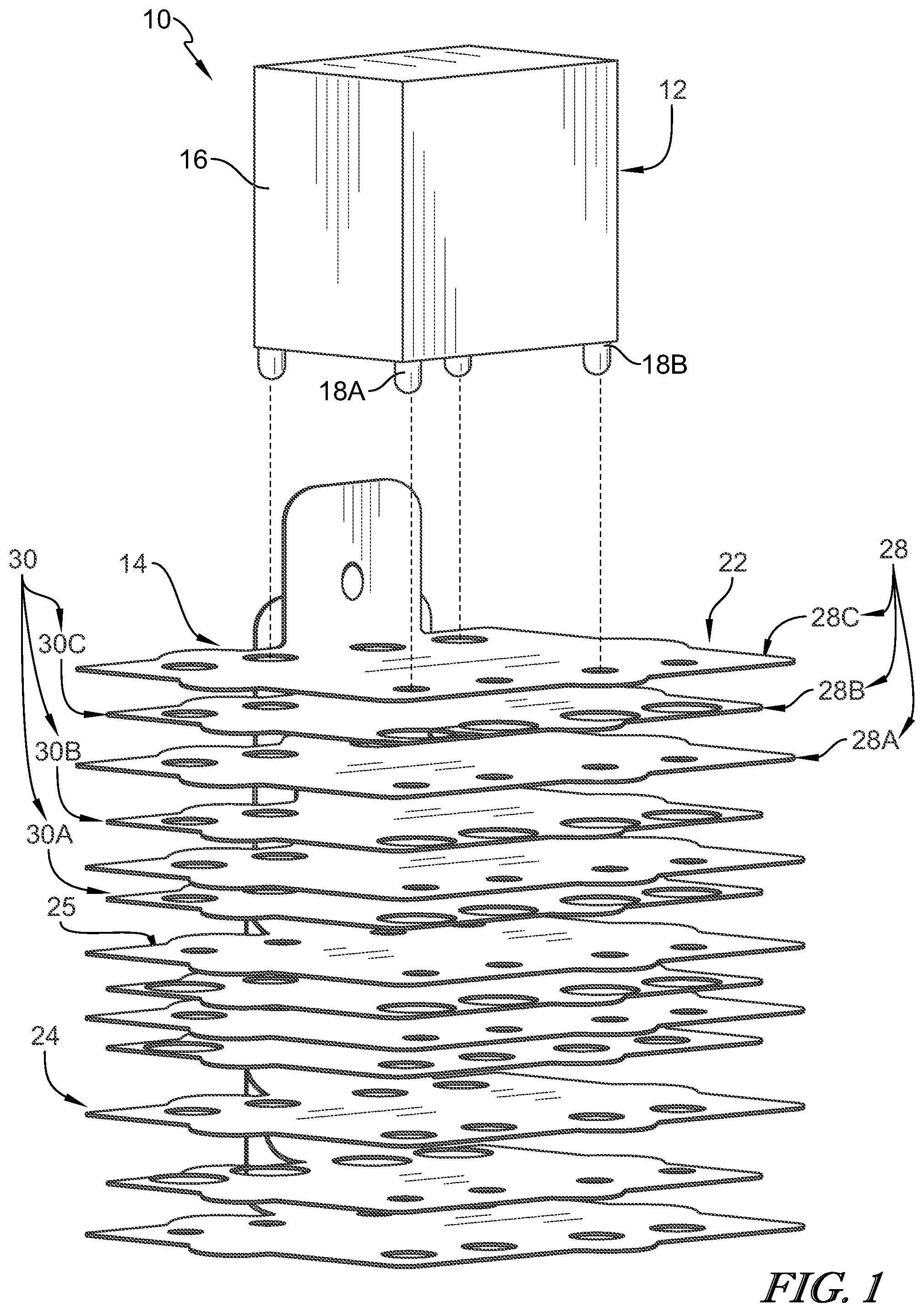 Patent US11832390 Figure 1 – Multilayer copper bus bars with soldered through hole components