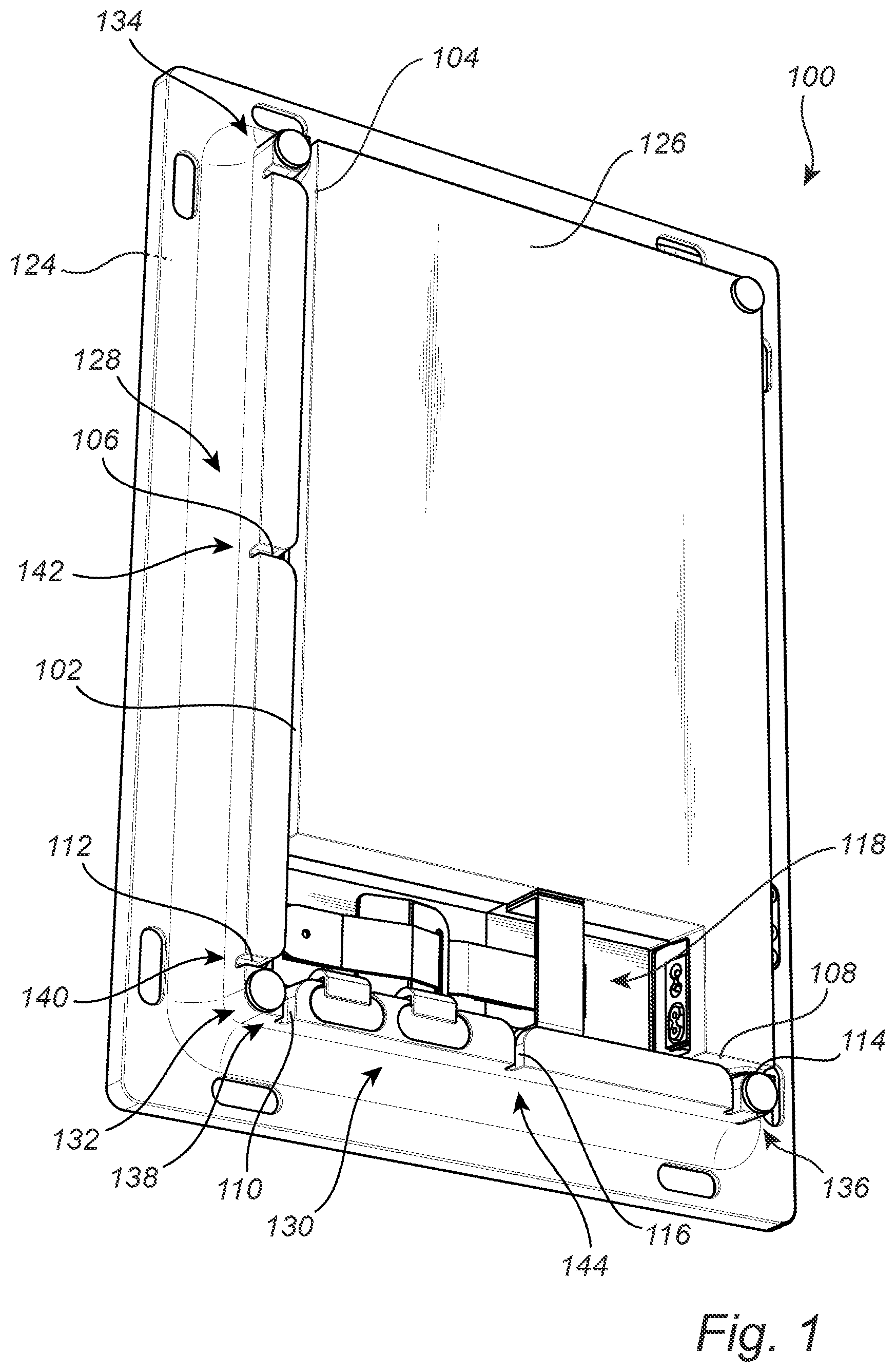 Patent US11832408 Figure 1 – Panel-shaped electronic device with intersecting cable channels on the back side