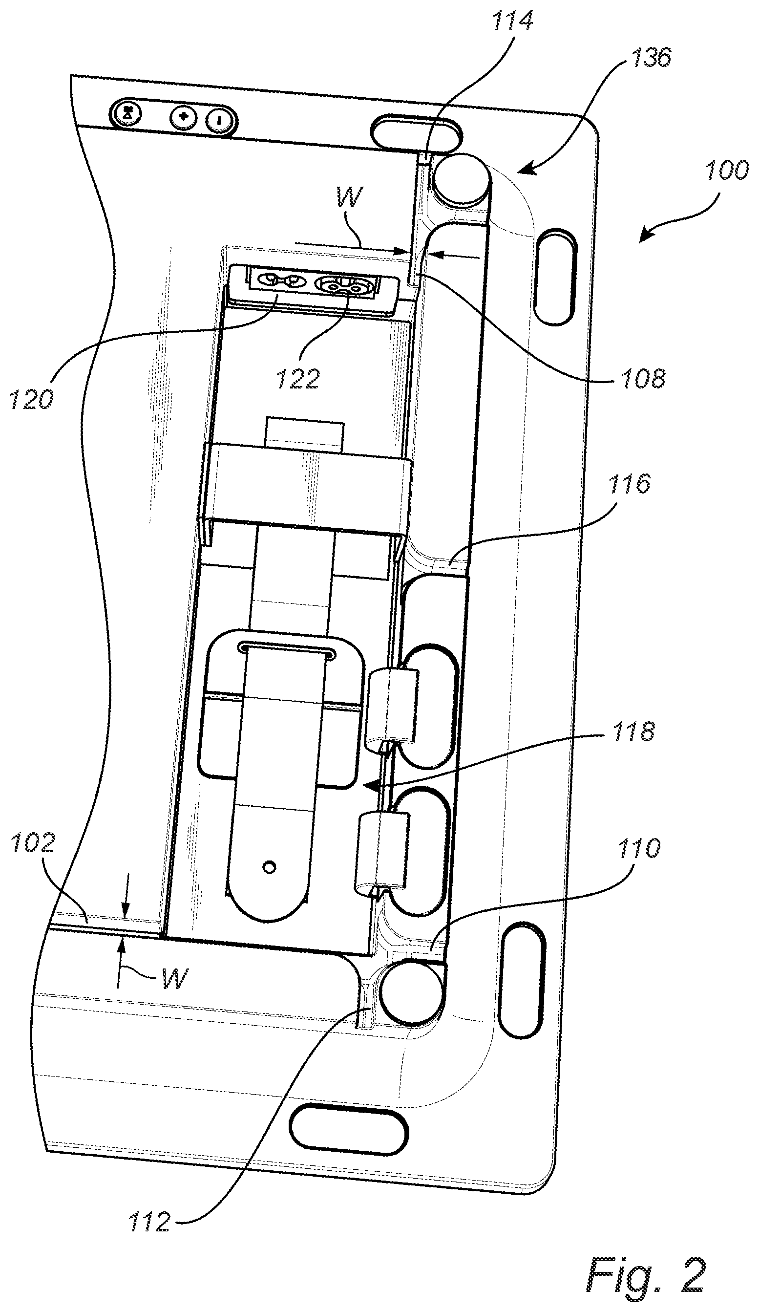Patent US11832408 Figure 2 – Panel-shaped electronic device with intersecting cable channels on the back side