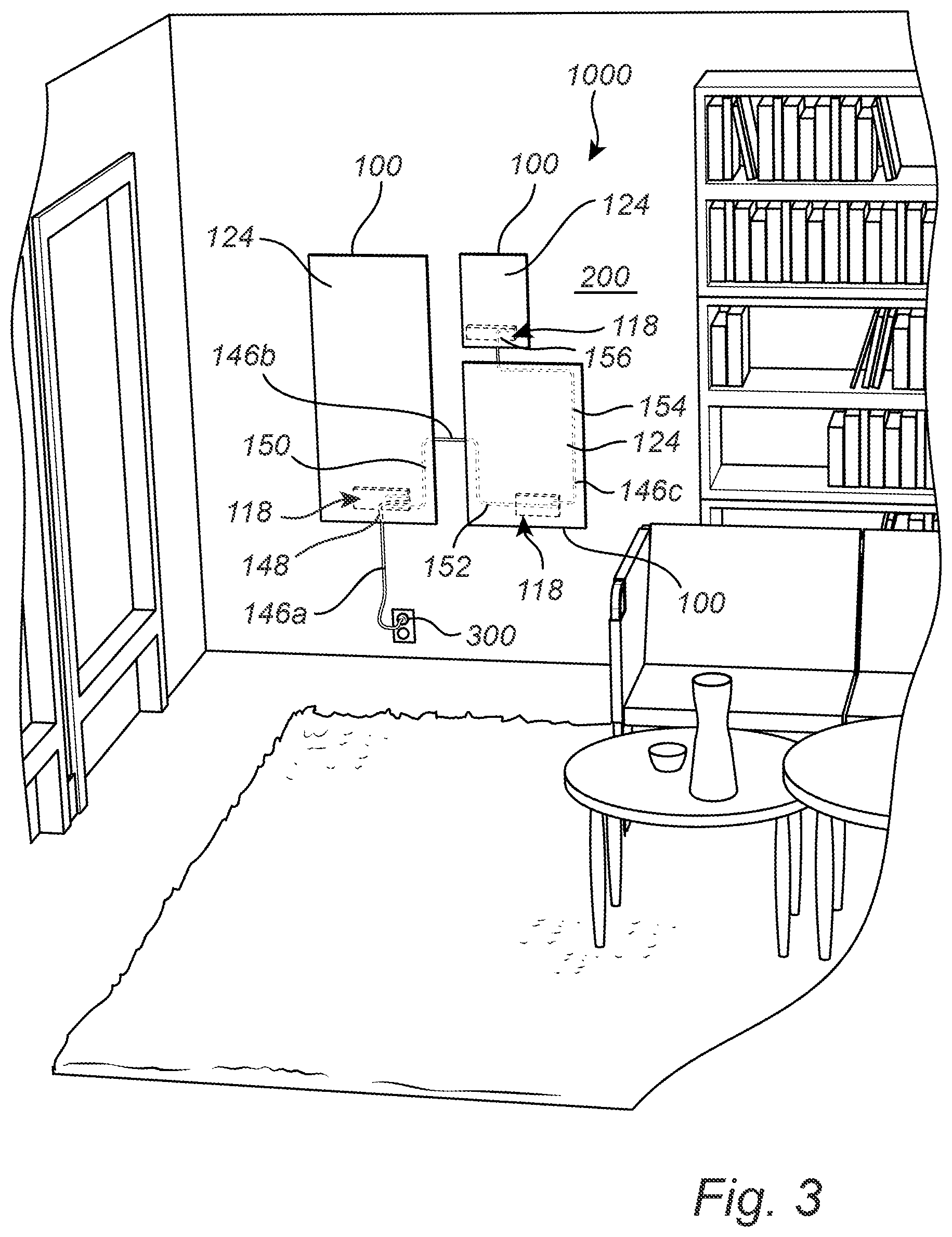 Patent US11832408 Figure 3 – Panel-shaped electronic device with intersecting cable channels on the back side
