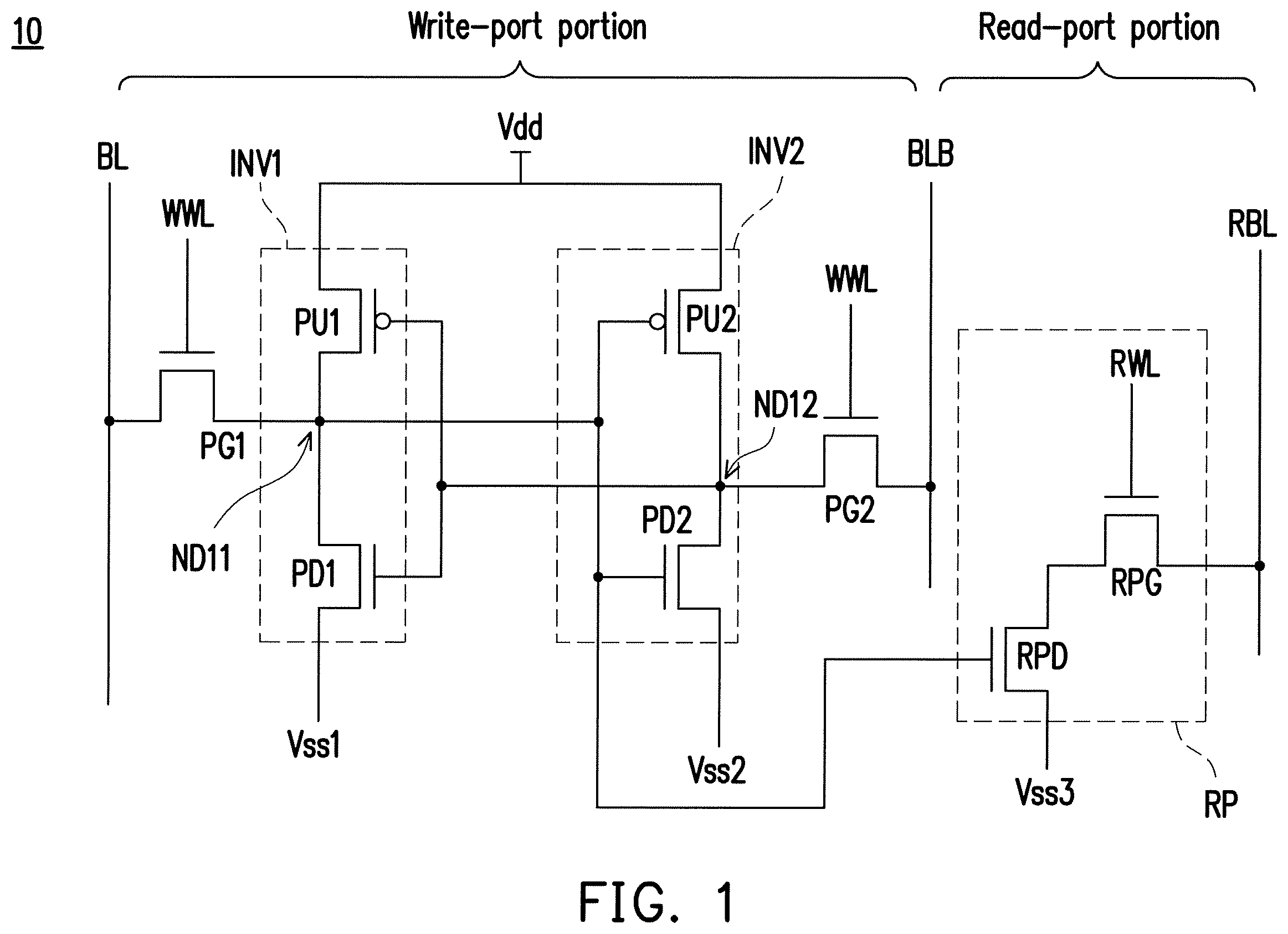 Patent US11832429 Figure 1 – Eight-transistor static random access memory, layout thereof, and method for manufacturing the same