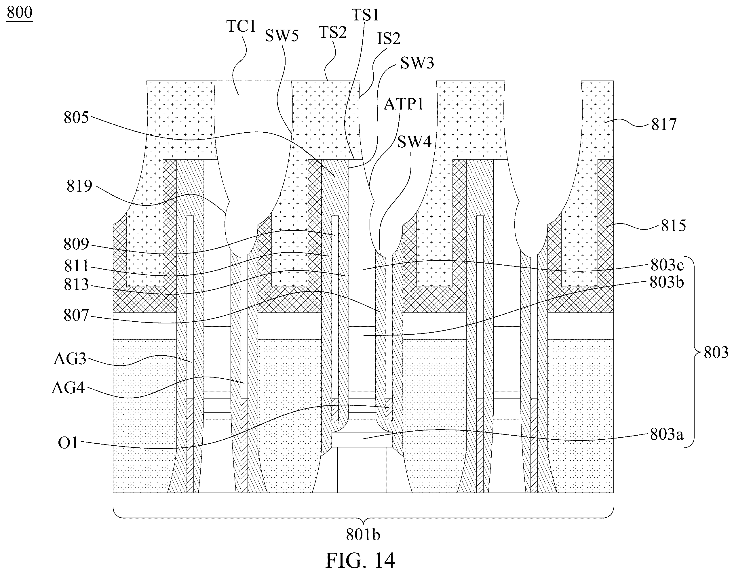 Patent US11832437 Figure 14 – Semiconductor memory device with air gaps for reducing current leakage