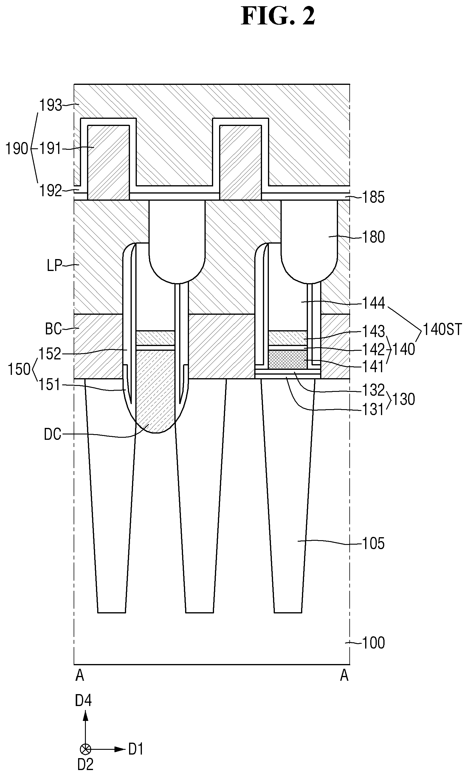 Patent US11832442 Figure 2 – Semiconductor memory device with buried contacts and a fence