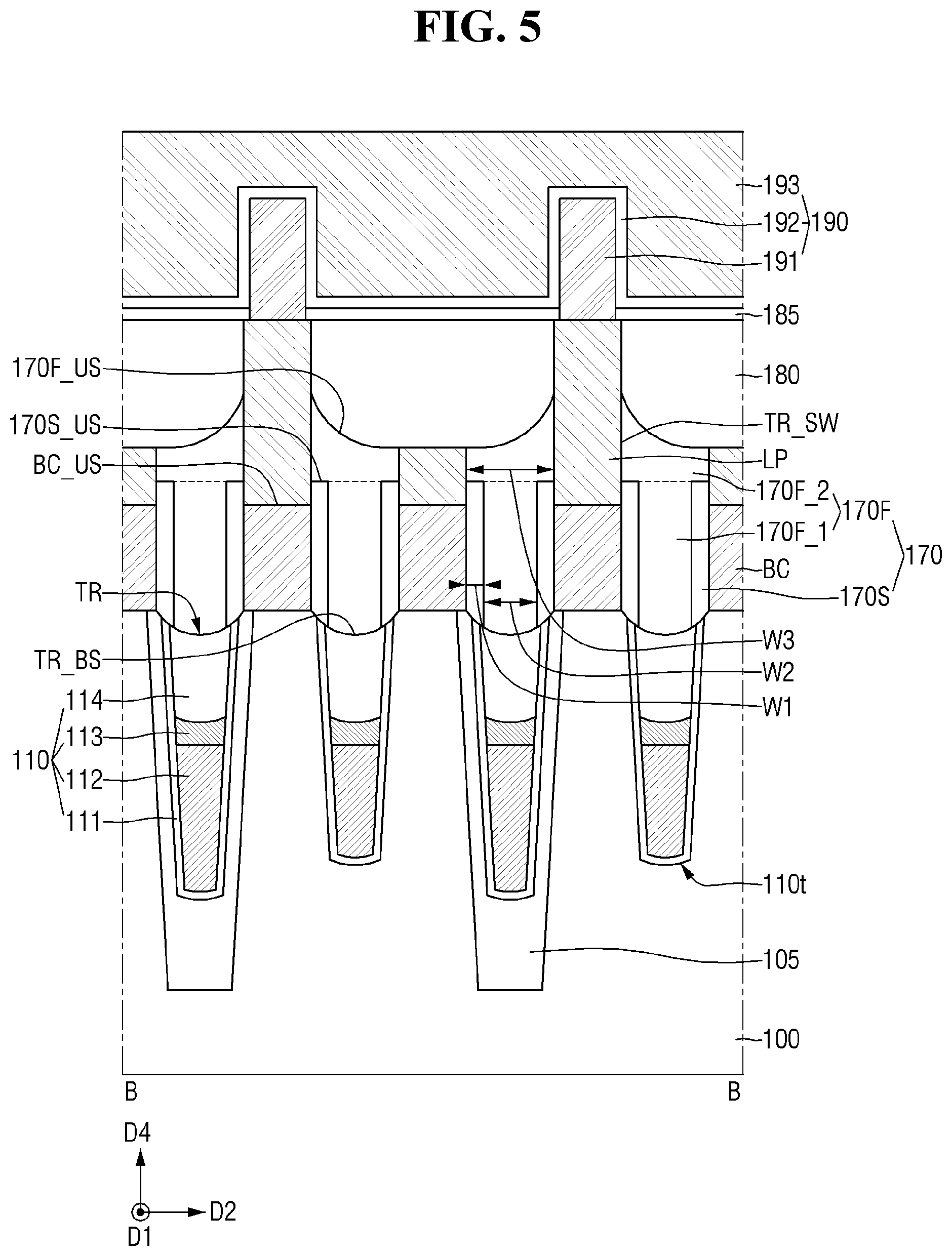 Patent US11832442 Figure 5 – Semiconductor memory device with buried contacts and a fence