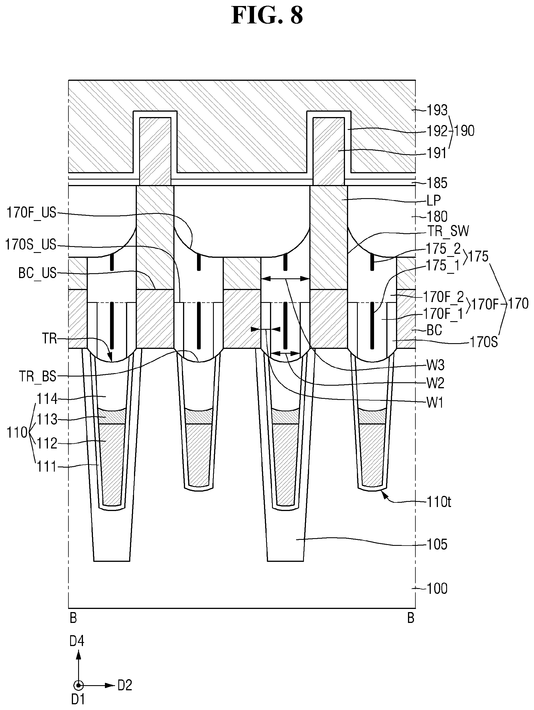 Patent US11832442 Figure 8 – Semiconductor memory device with buried contacts and a fence