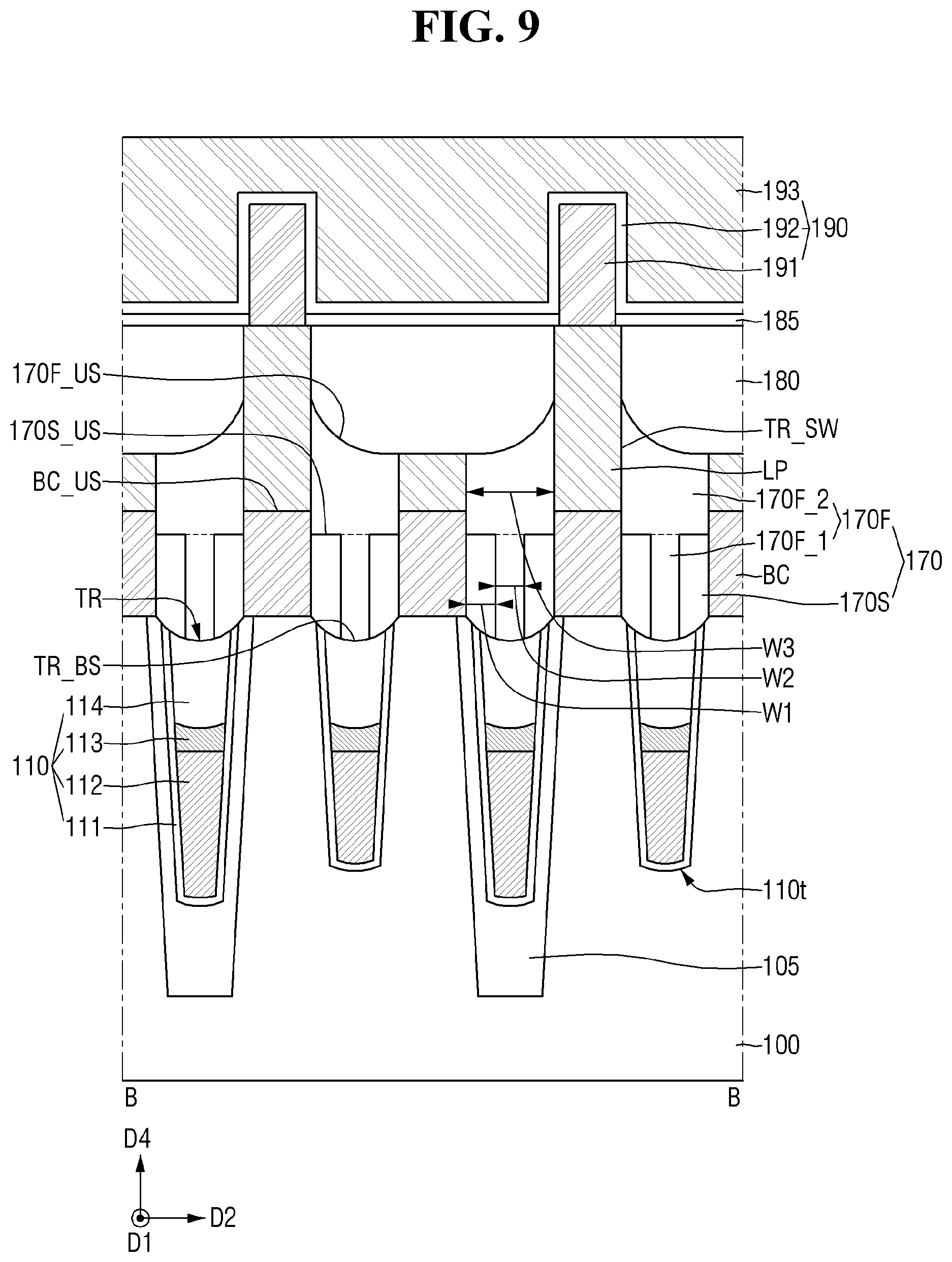 Patent US11832442 Figure 9 – Semiconductor memory device with buried contacts and a fence