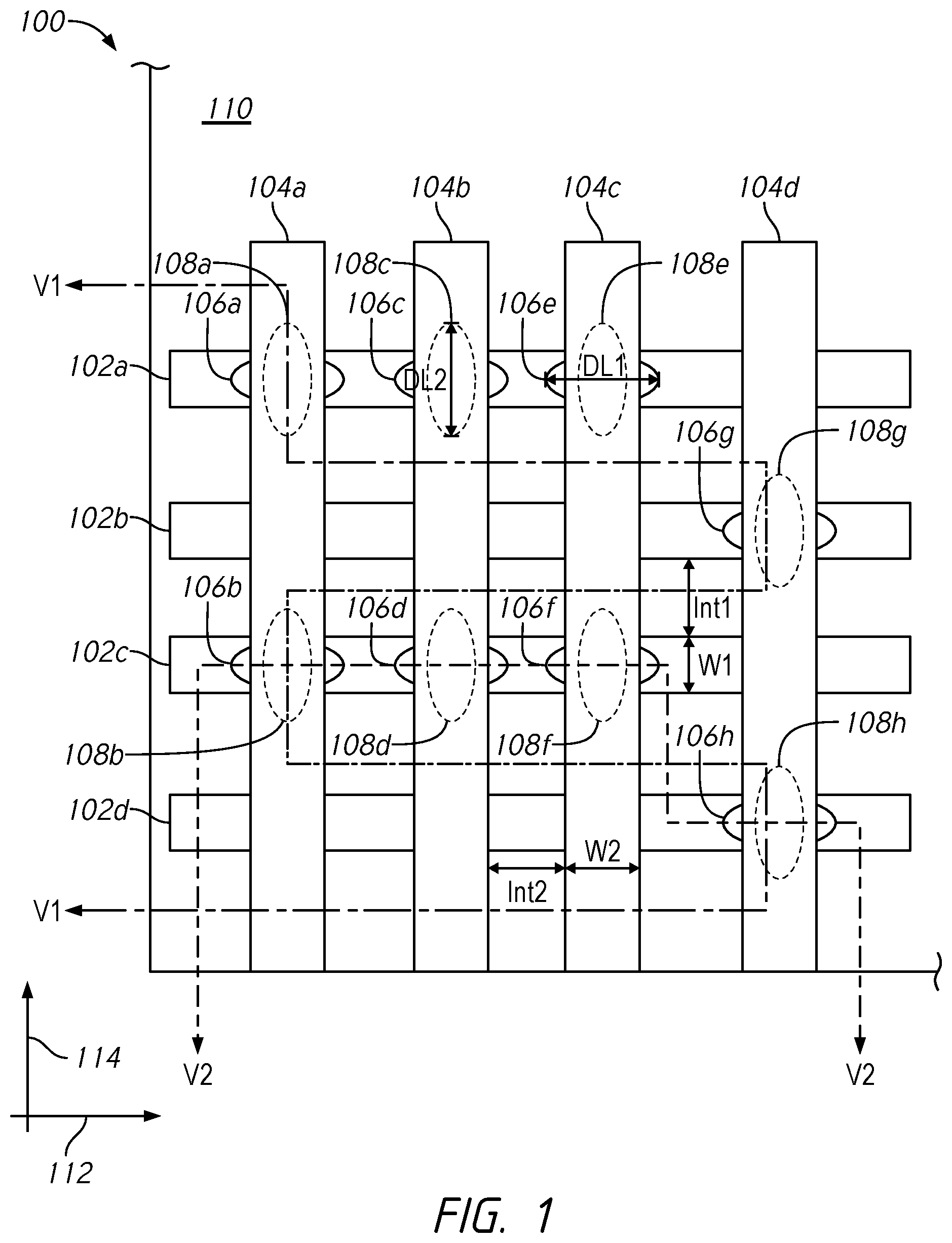Patent US11832443 — Apparatuses including contacts in a peripheral region — Figure 1