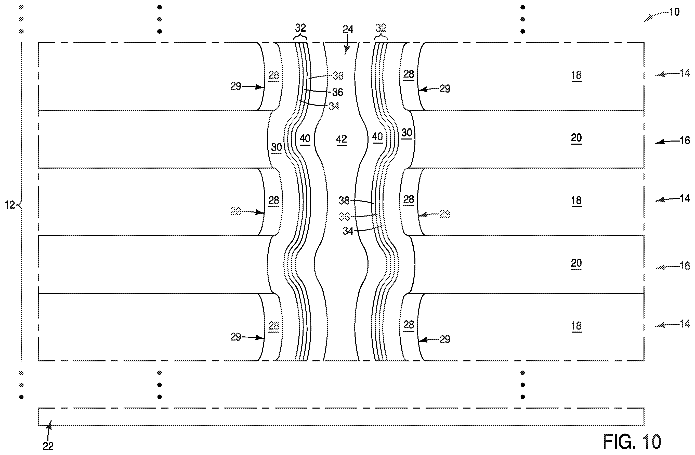 Patent US11832447 Figure 11 – Memory arrays, and methods of forming memory arrays