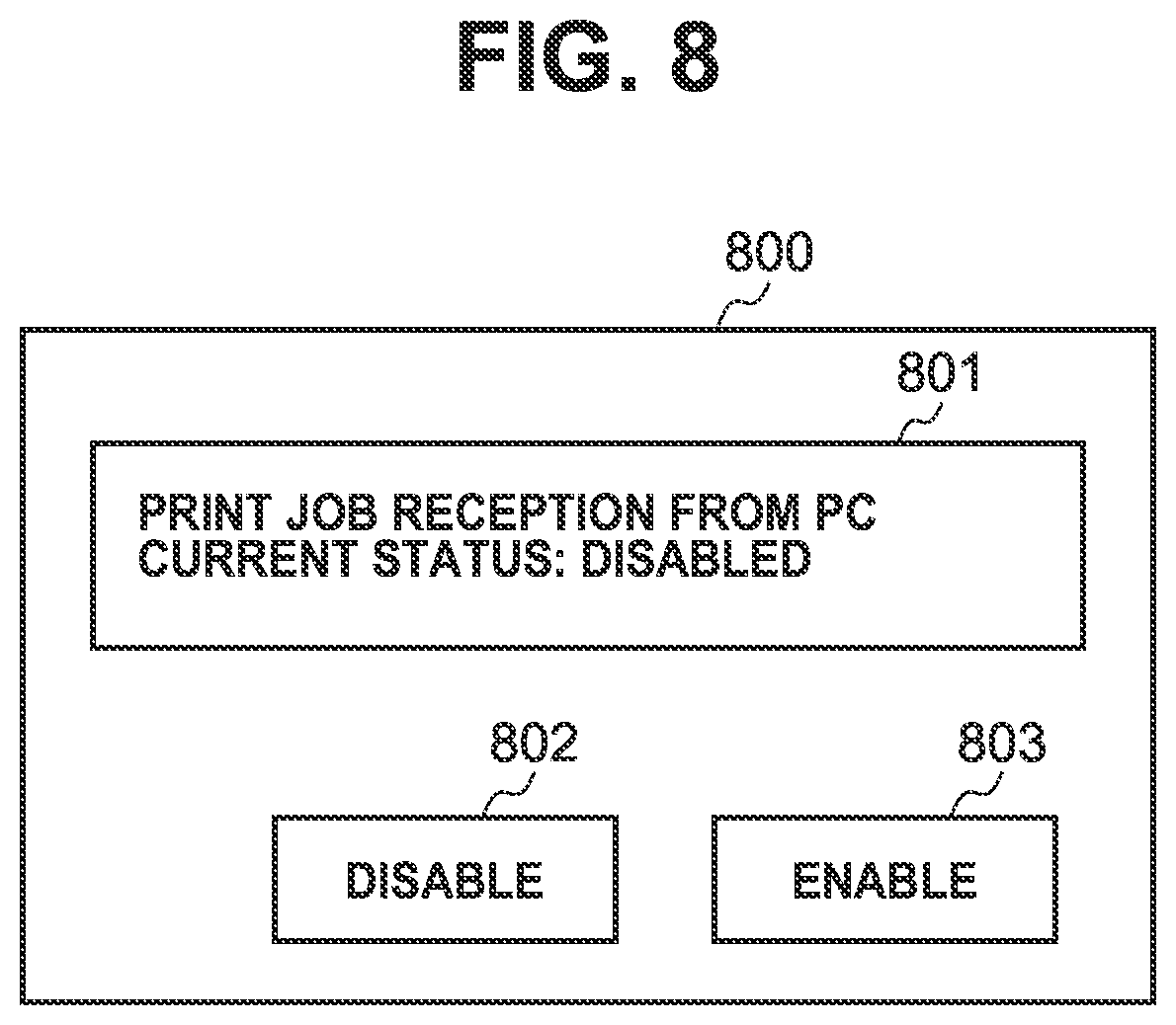 Patent US11836409 Figure 8 – Printing system, printing apparatus, server, control method, and non-transitory computer-readable storage medium for determining if a print job must be submitted through the server