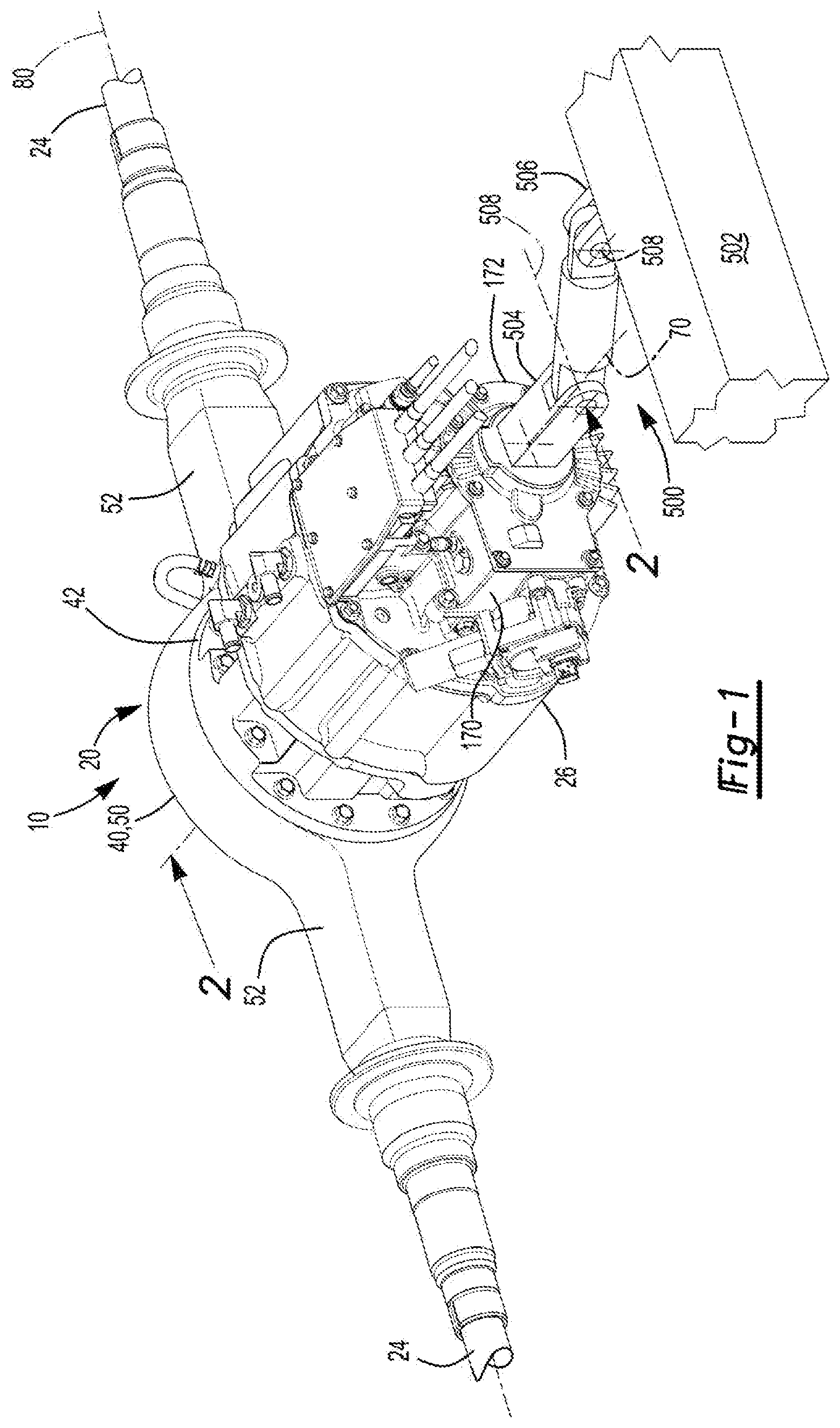 Patent US11841066 Figure 1 – Axle assembly having a gear reduction module with multiple gear sets