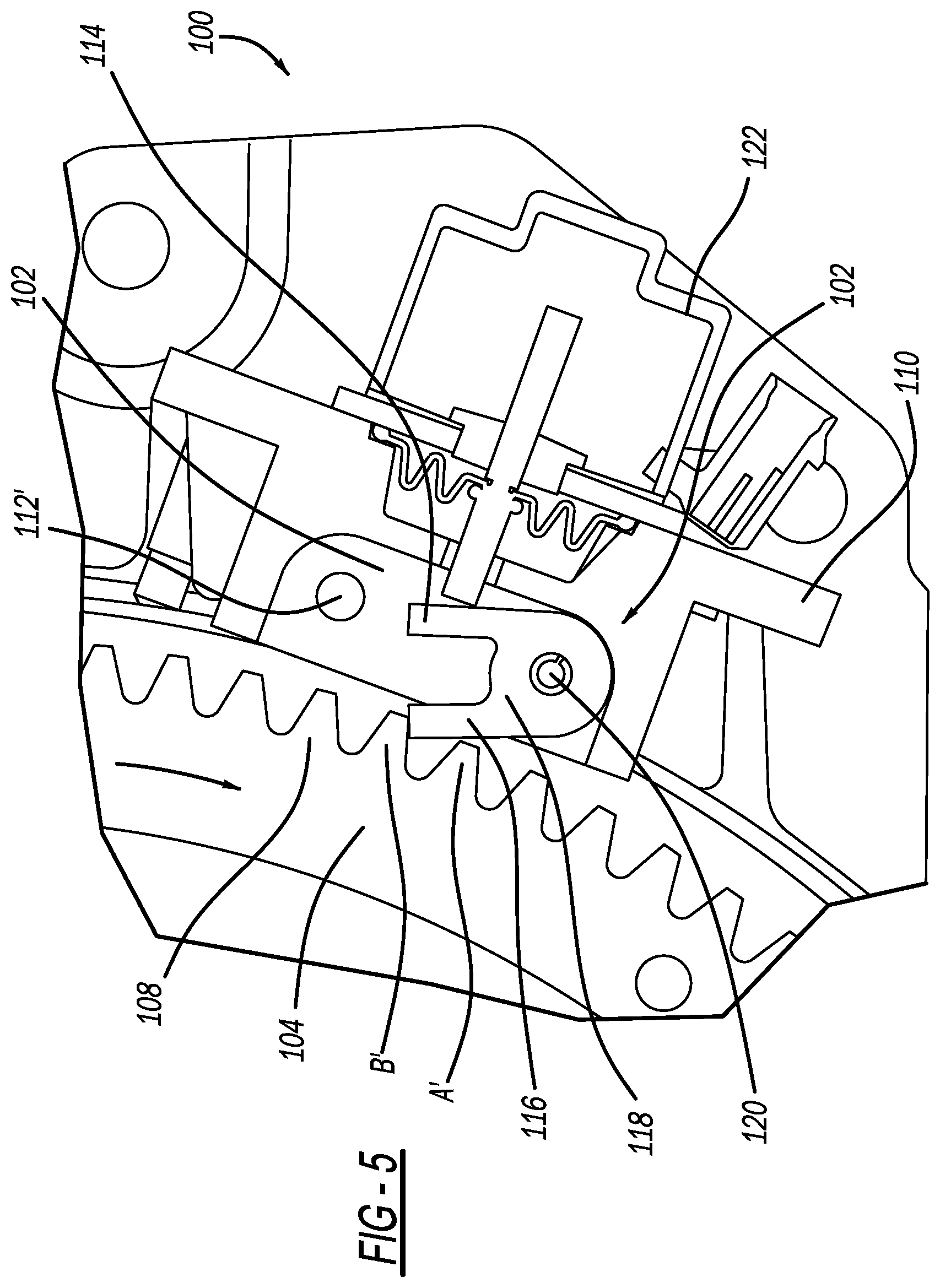 Patent US11841082 Figure 5 – Solenoid actuated locking pawl with compliance mechanism