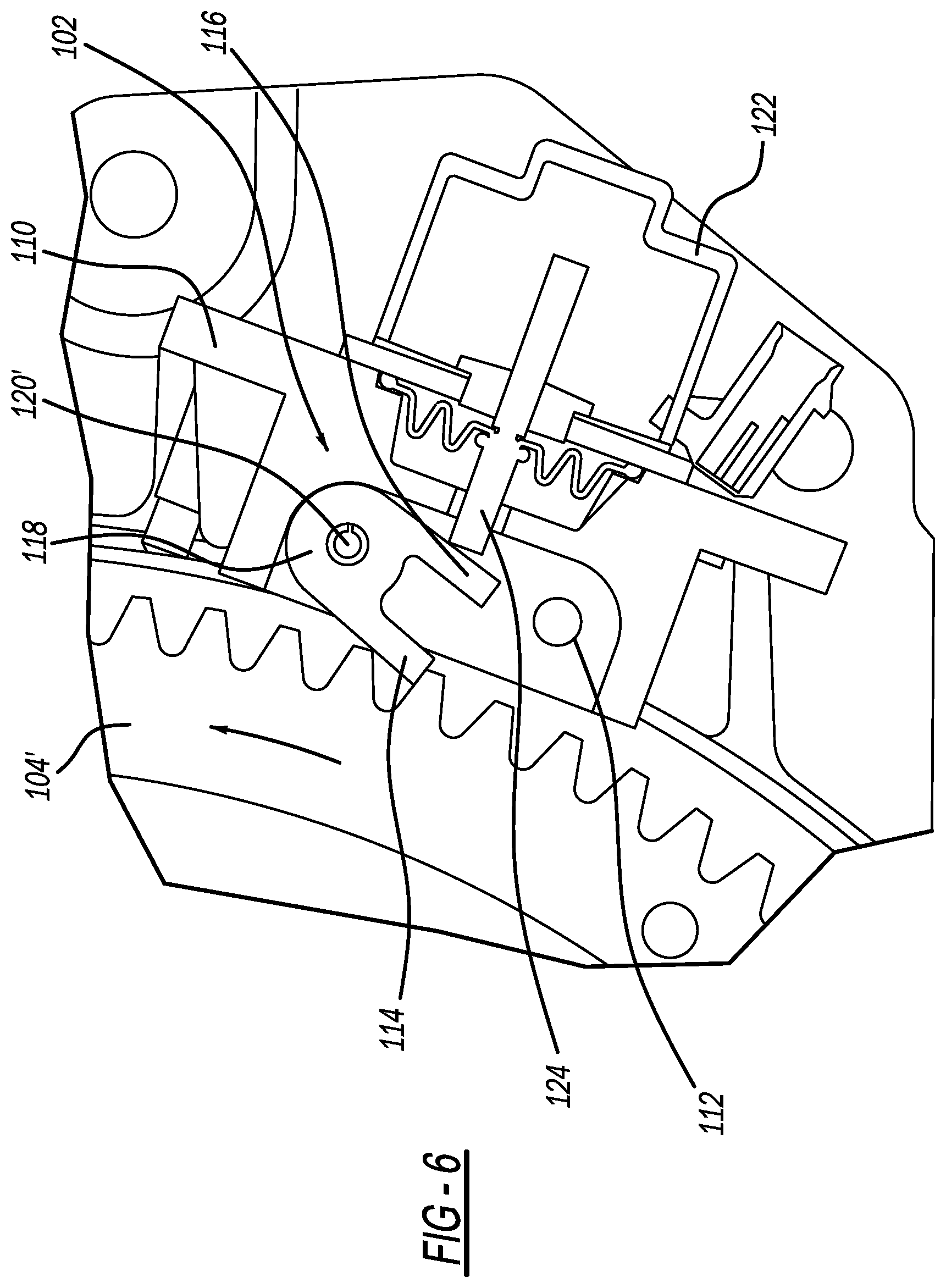 Patent US11841082 Figure 6 – Solenoid actuated locking pawl with compliance mechanism