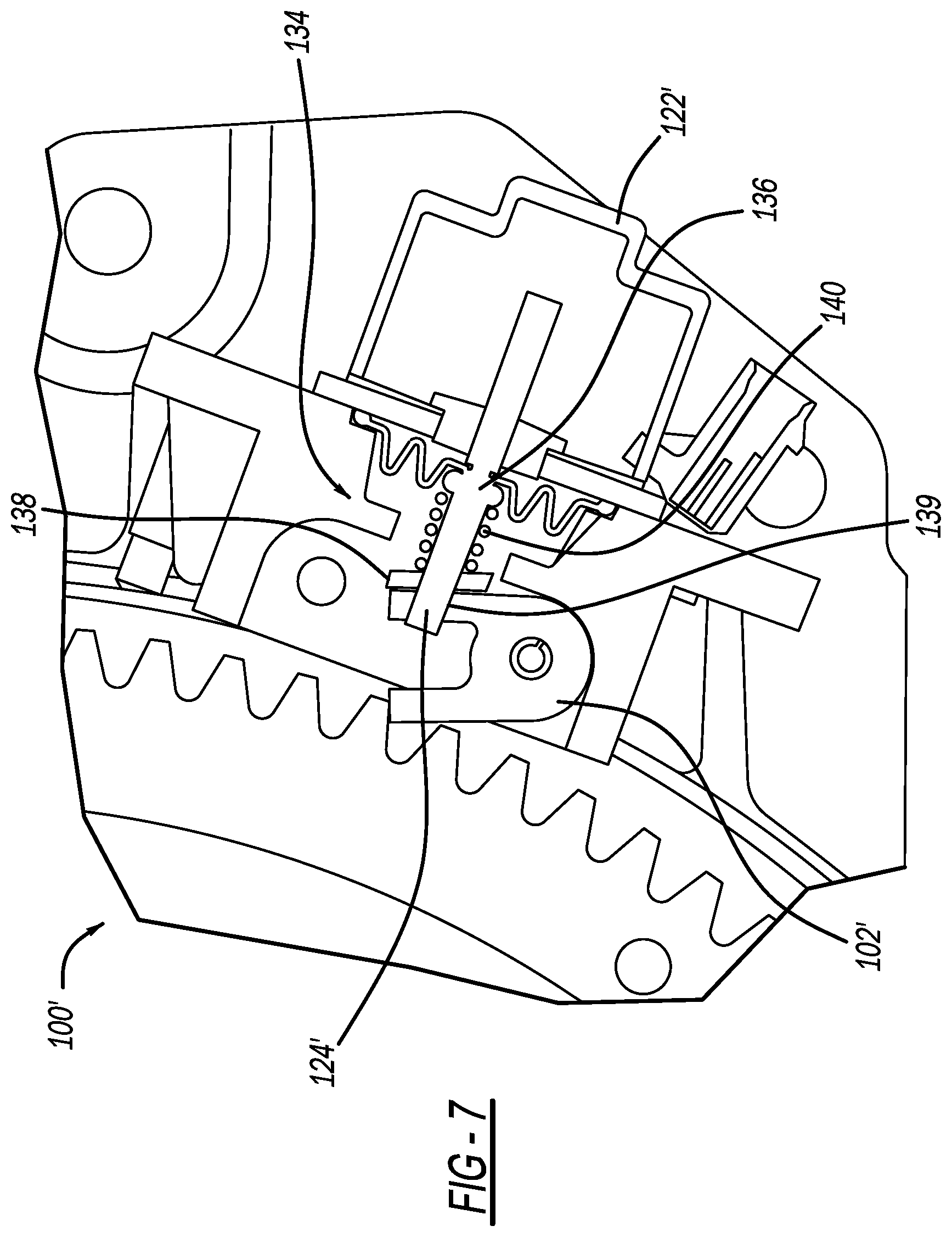 Patent US11841082 Figure 7 – Solenoid actuated locking pawl with compliance mechanism