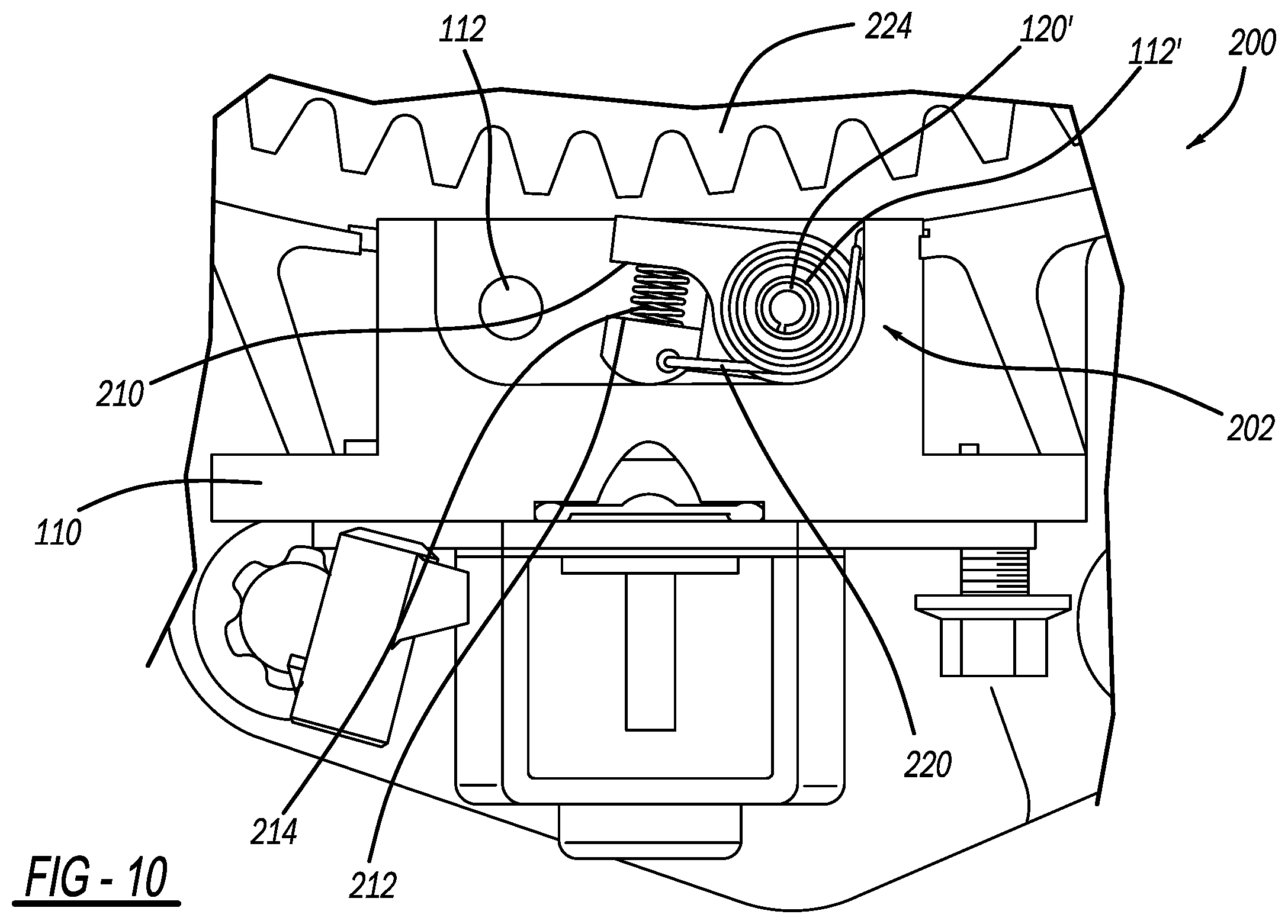 Patent US11841082 Figure 10 – Solenoid actuated locking pawl with compliance mechanism