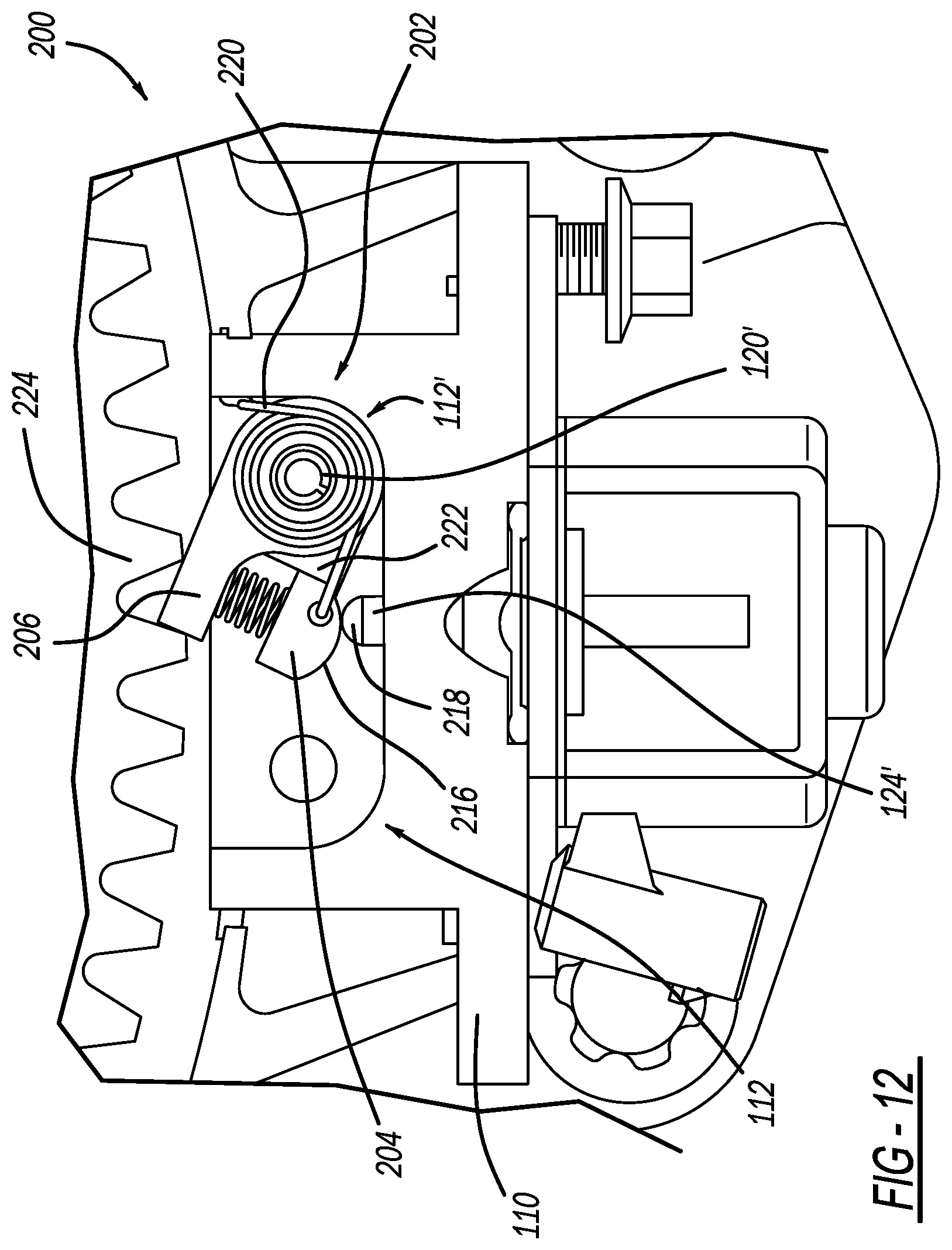 Patent US11841082 Figure 12 – Solenoid actuated locking pawl with compliance mechanism