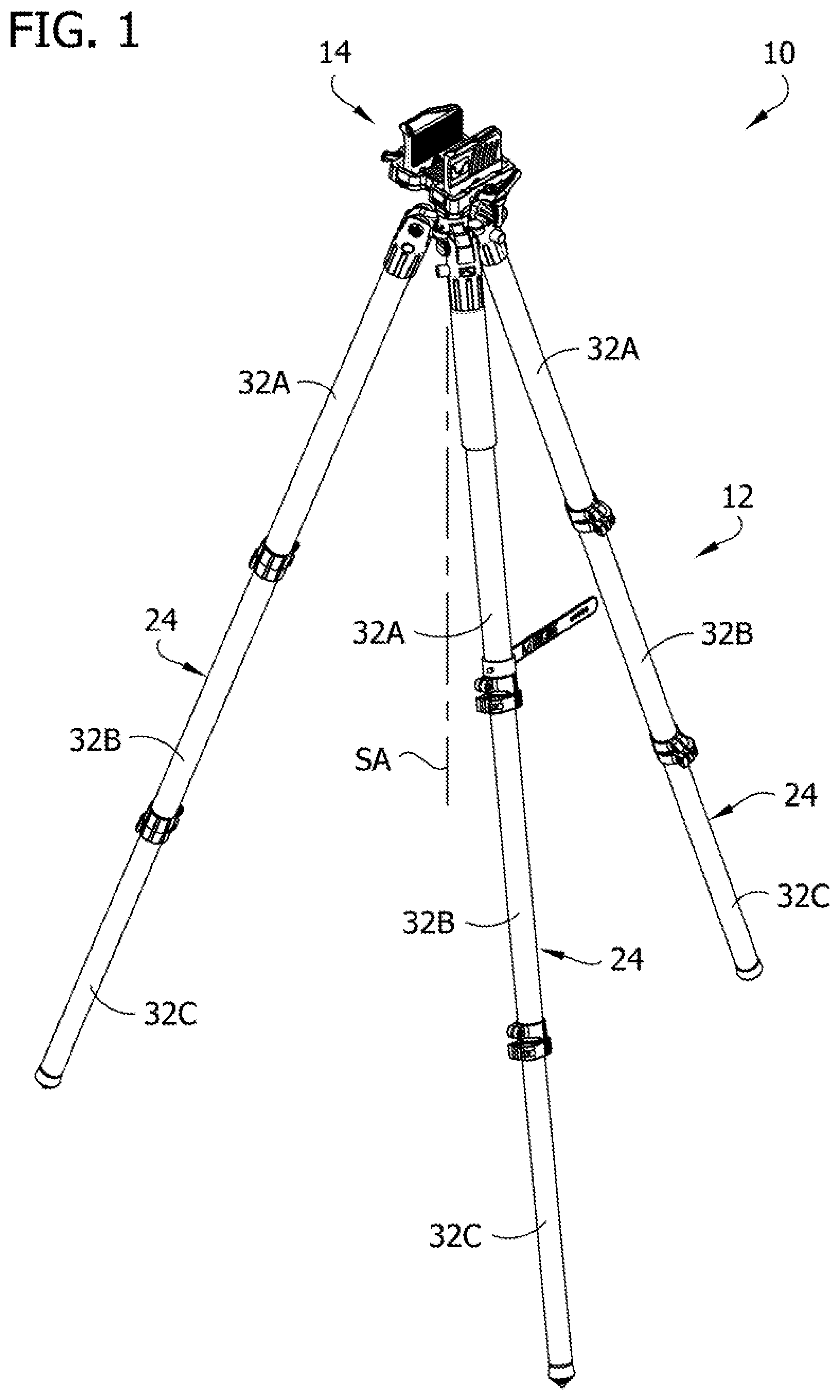Patent US11841108 Figure 1 – Multi-legged equipment support having leg angle adjustment