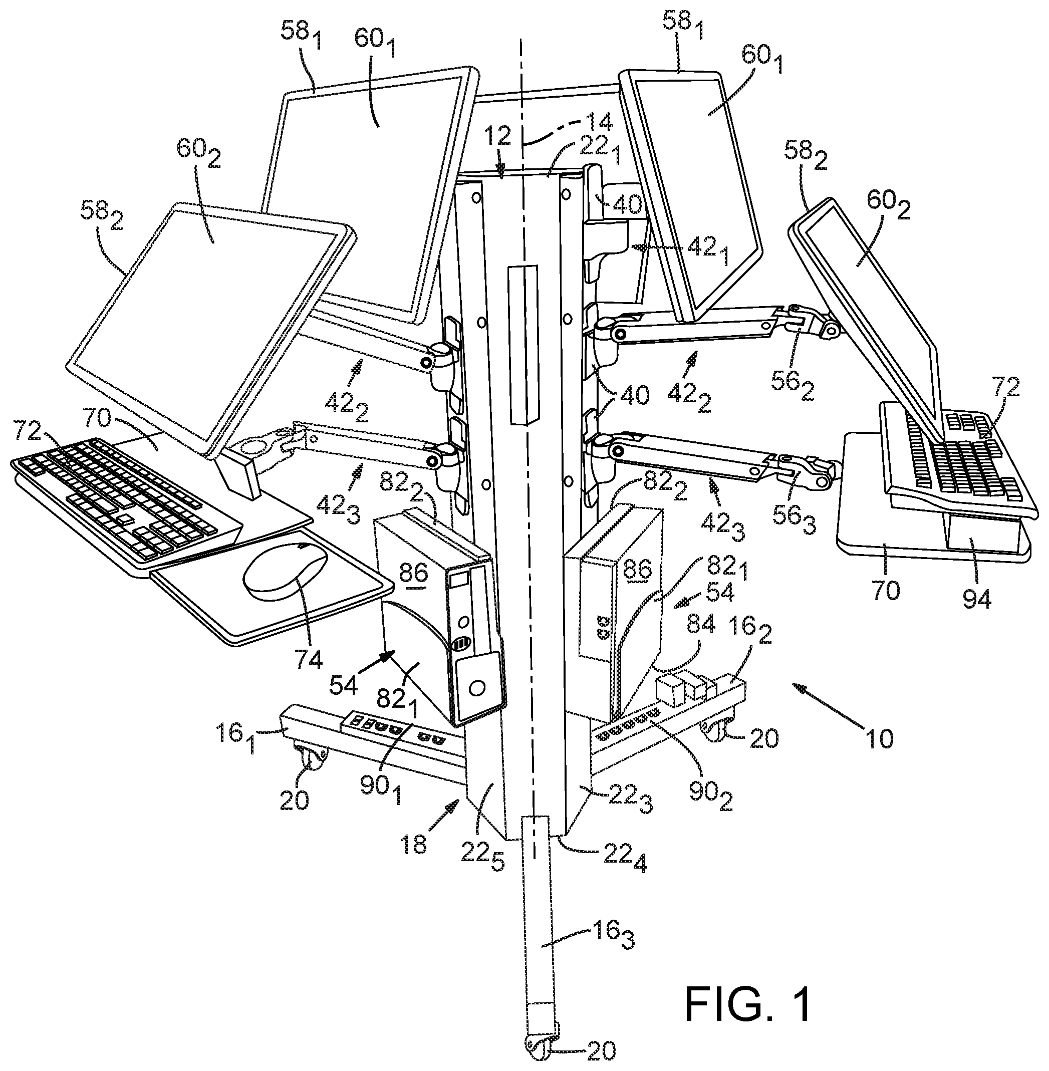 Patent US11841109 — Multi-workstation computer display support structure for reducing EHR-related medical errors occurring during inter-professional patient rounds — Figure 1