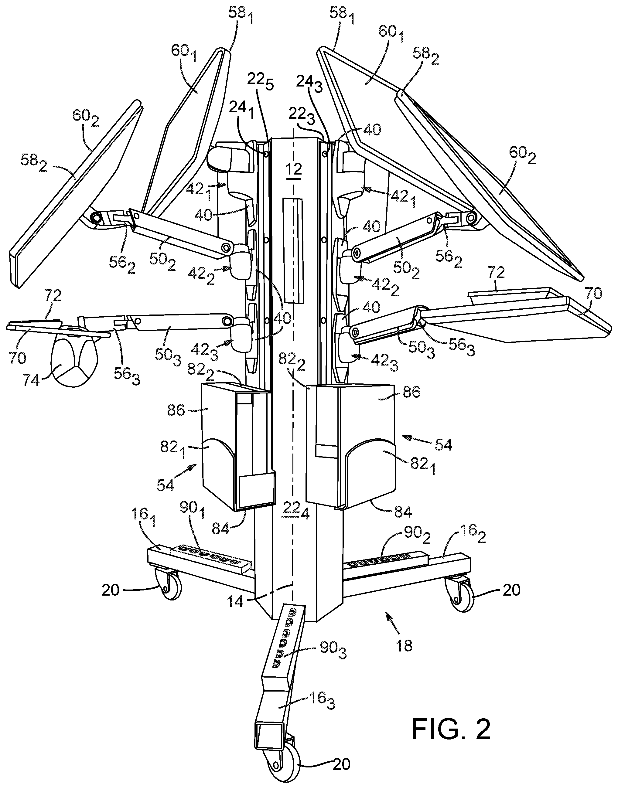 Patent US11841109 Figure 2 – Multi-workstation computer display support structure for reducing EHR-related medical errors occurring during inter-professional patient rounds