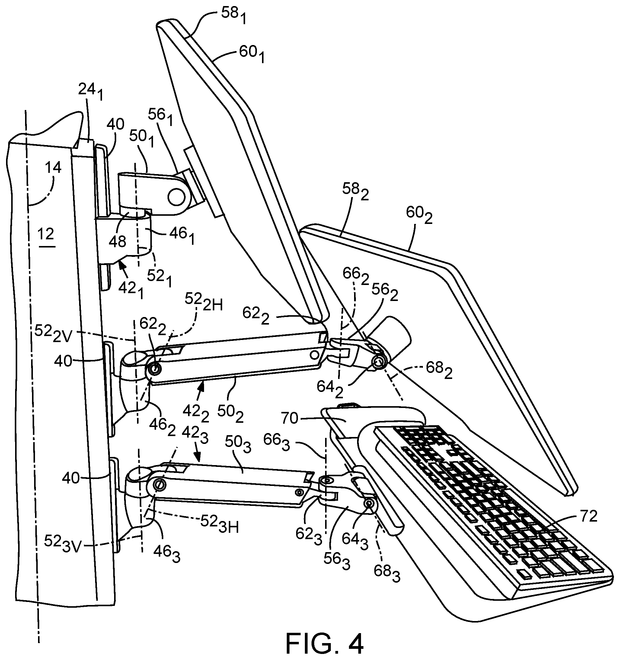 Patent US11841109 Figure 4 – Multi-workstation computer display support structure for reducing EHR-related medical errors occurring during inter-professional patient rounds