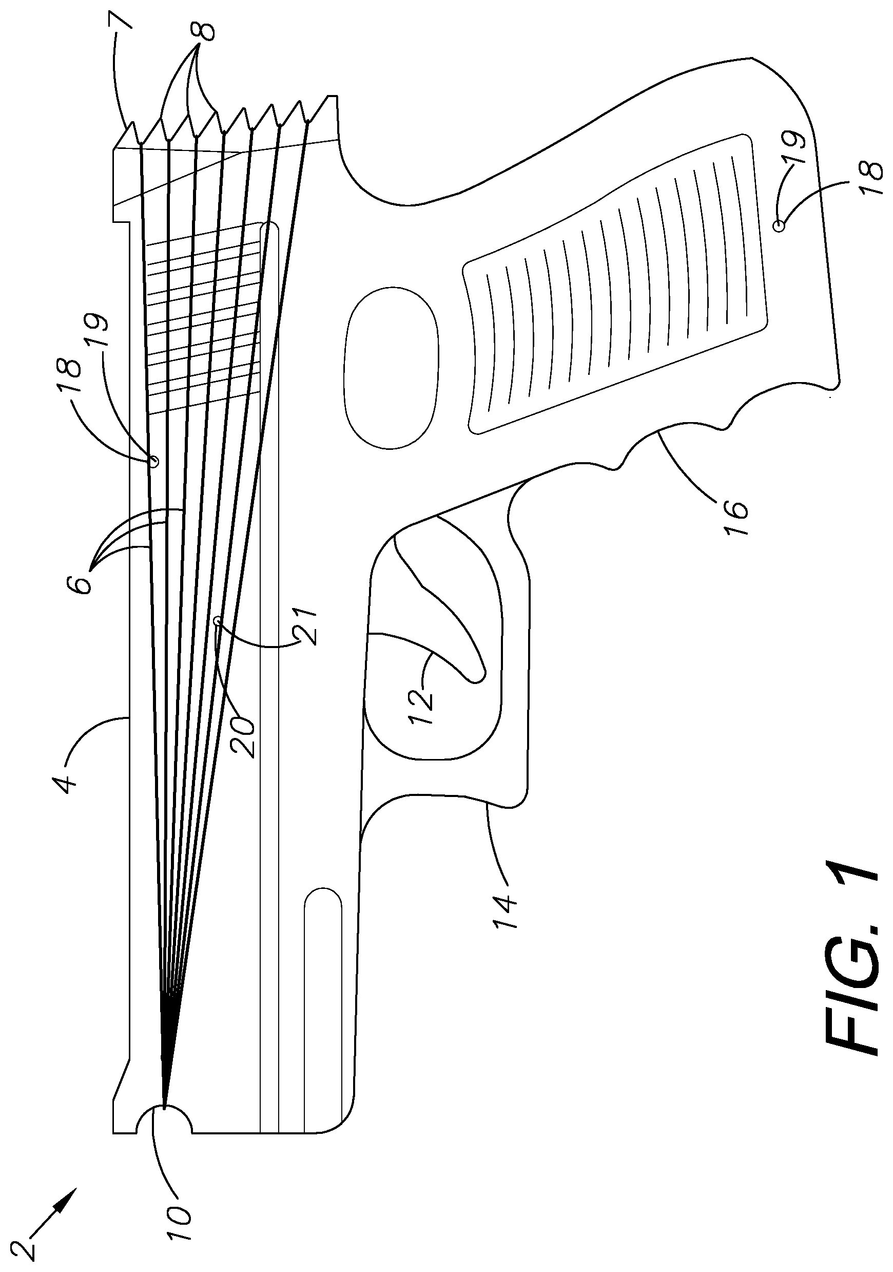 Patent US11841207 Figure 1 – Rubber band gun, method of use, and method of assembly