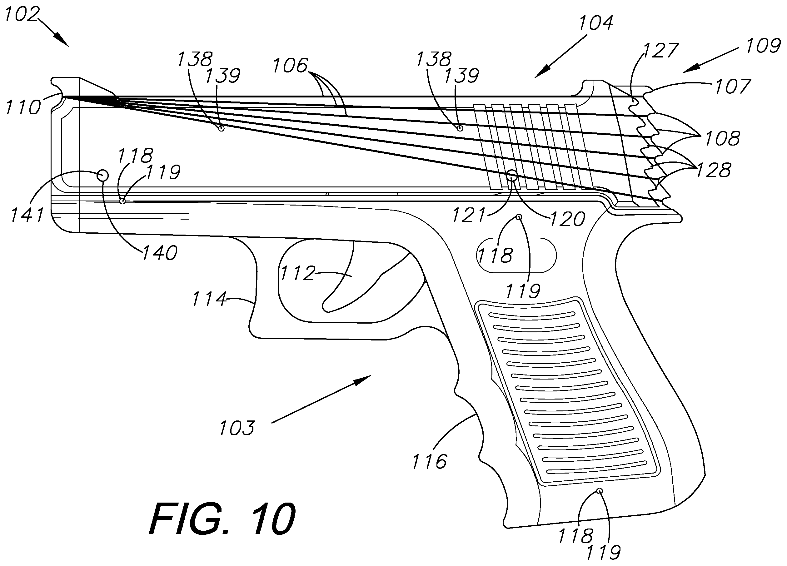 Patent US11841207 Figure 9 – Rubber band gun, method of use, and method of assembly