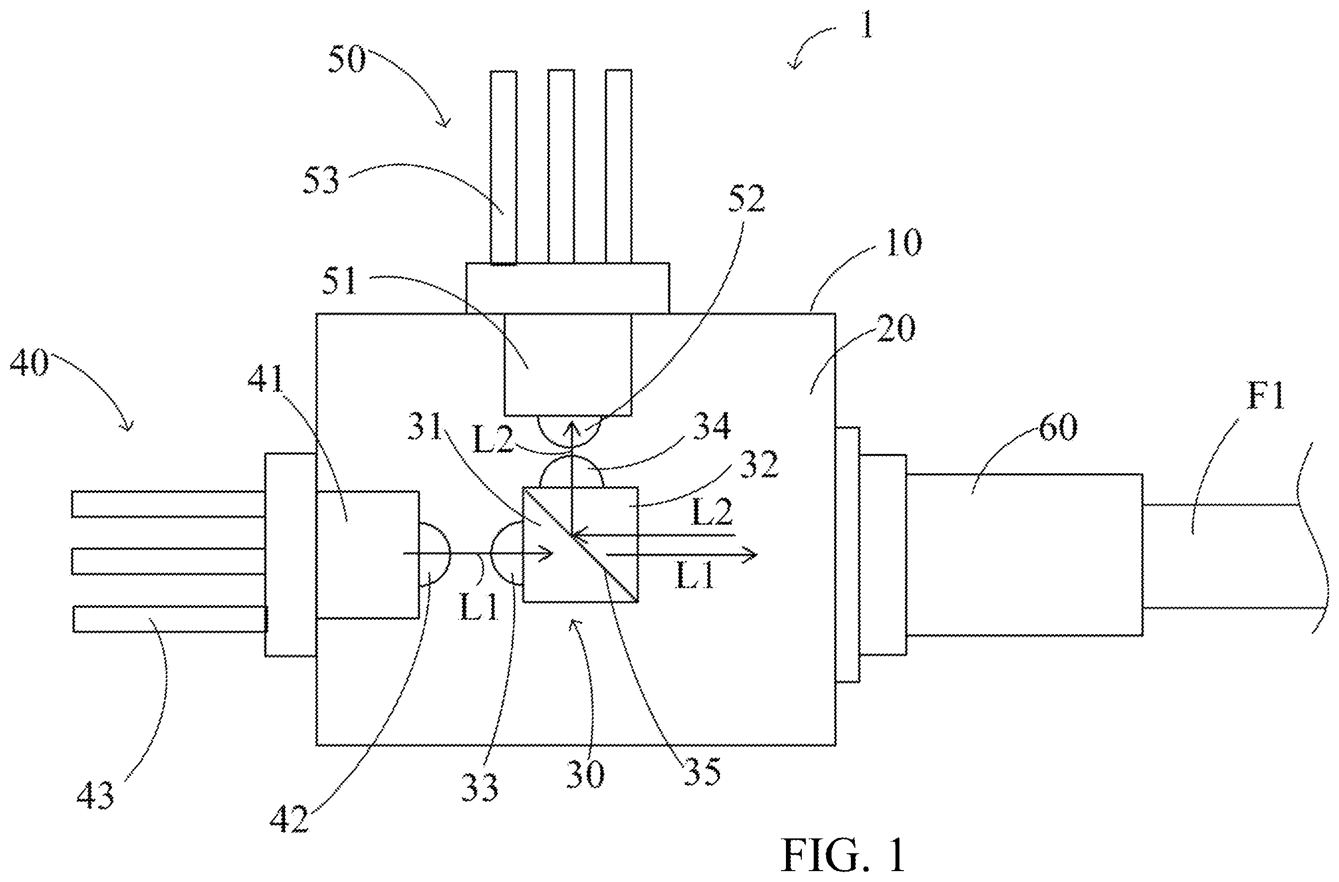 Patent US11841536 Figure 1 – Bi-directional optical communication device reduced in complexity and in number of components