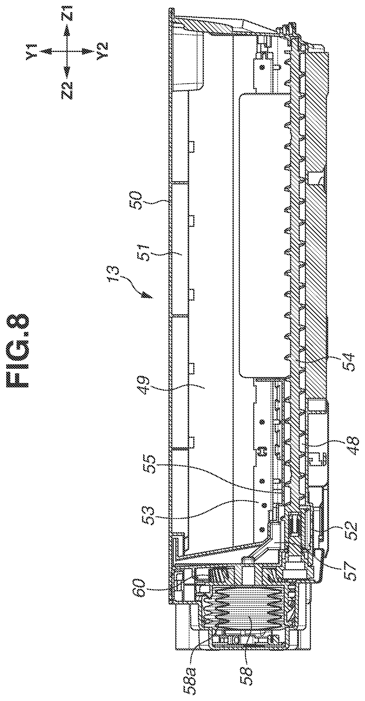 Patent US11841644 Figure 8 – Toner cartridge and image forming apparatus including a screw to convey toner in the cartridge, an elastic member to loosen the toner, and a means to discharge toner together with air to the outside of the cartridge