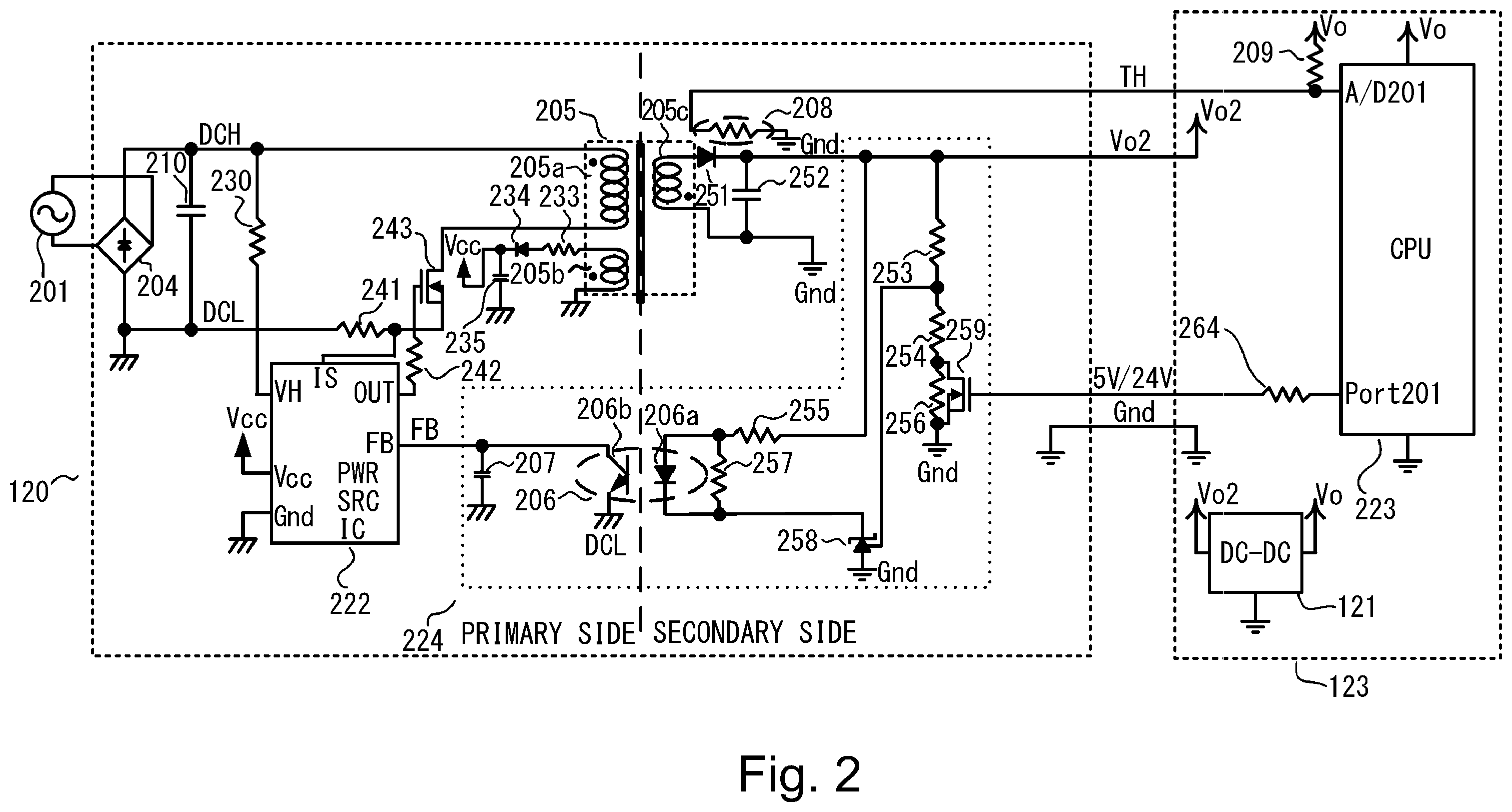 Patent US11841659 Figure 2 – Apparatus including power source unit controlling AC-DC converting unit based on a detected overcurrent state