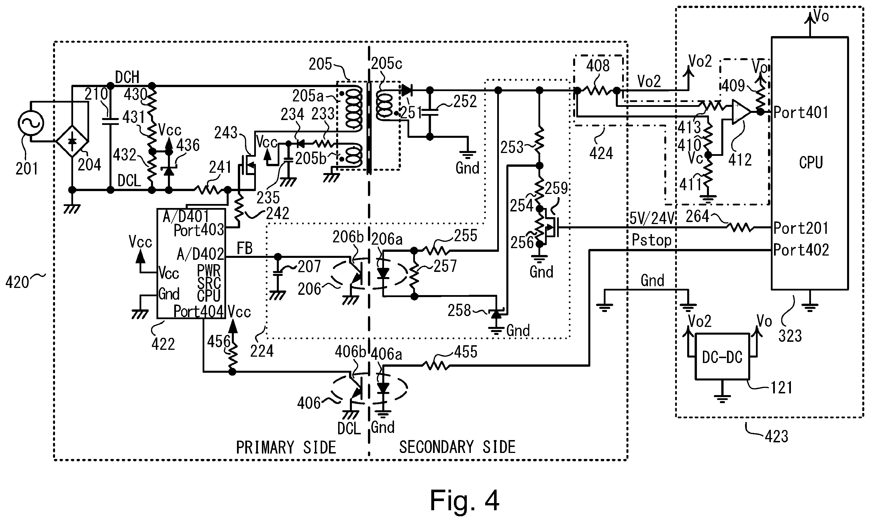Patent US11841659 Figure 4 – Apparatus including power source unit controlling AC-DC converting unit based on a detected overcurrent state