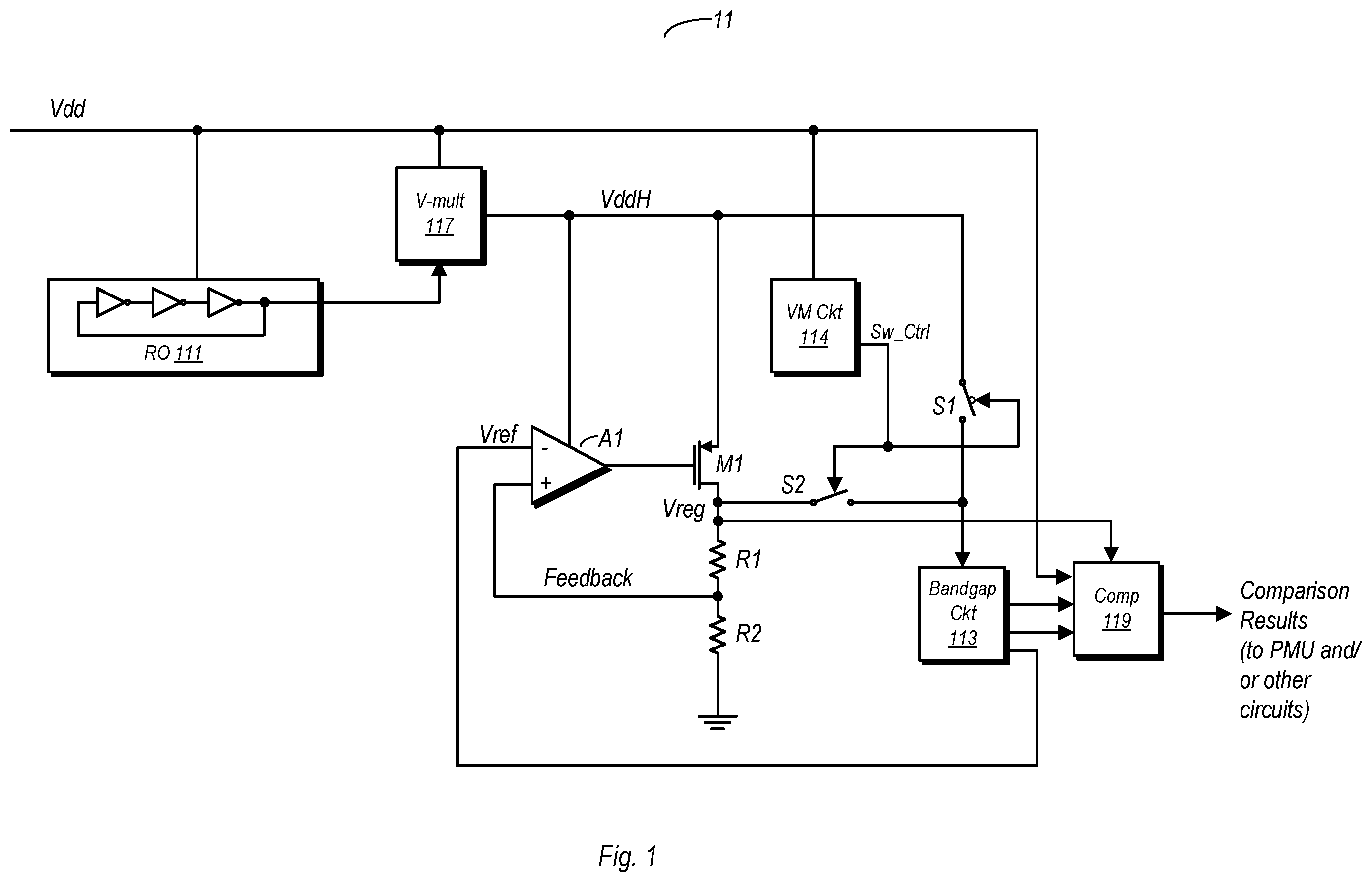Patent US11841726 Figure 1 – Low voltage high precision power detect circuit with enhanced power supply rejection ratio