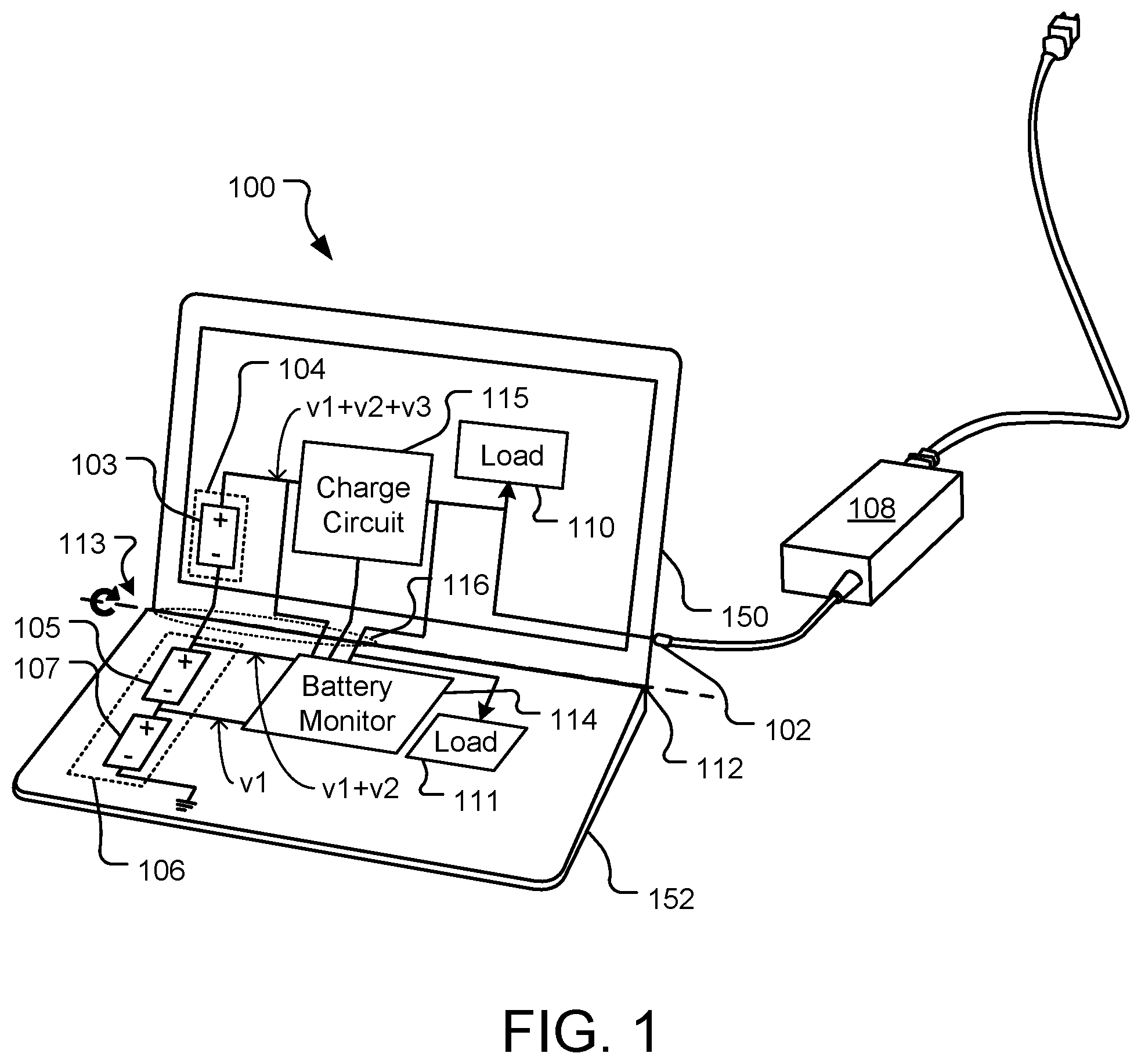 Patent US11841754 Figure 1 – Series battery discharge management across a device section boundary