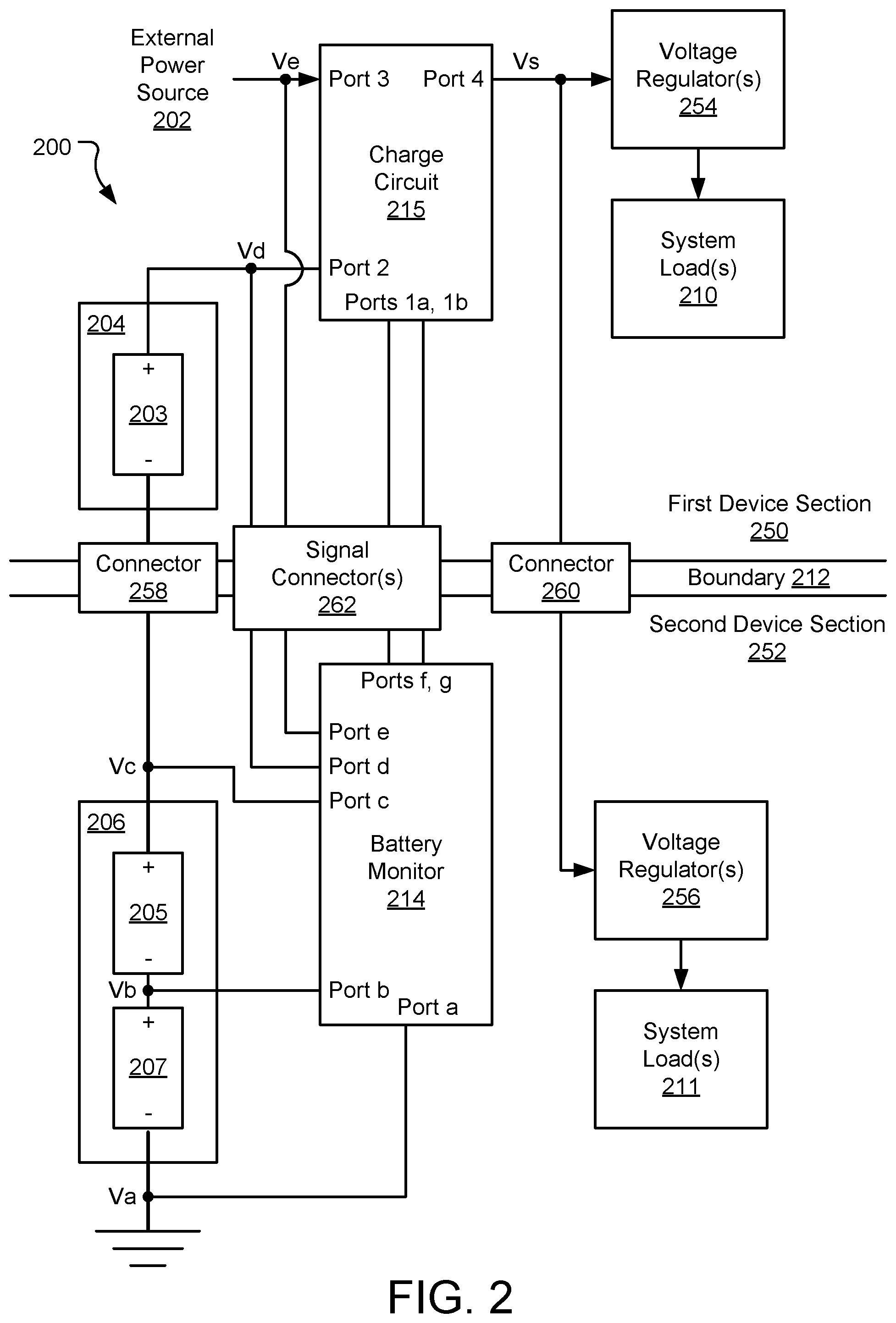 Patent US11841754 Figure 2 – Series battery discharge management across a device section boundary
