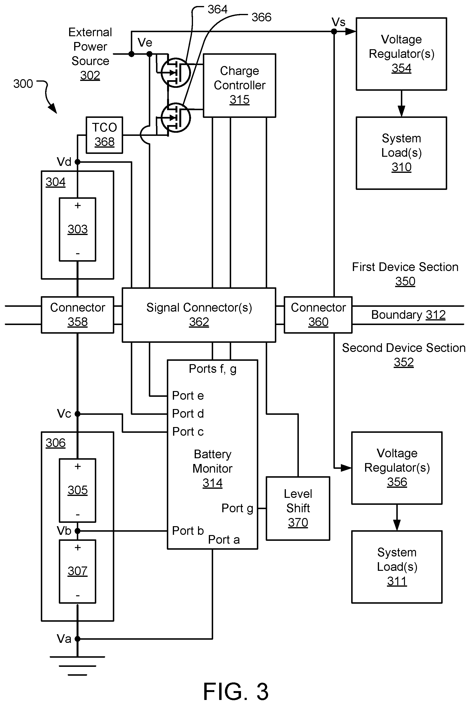 Patent US11841754 Figure 3 – Series battery discharge management across a device section boundary