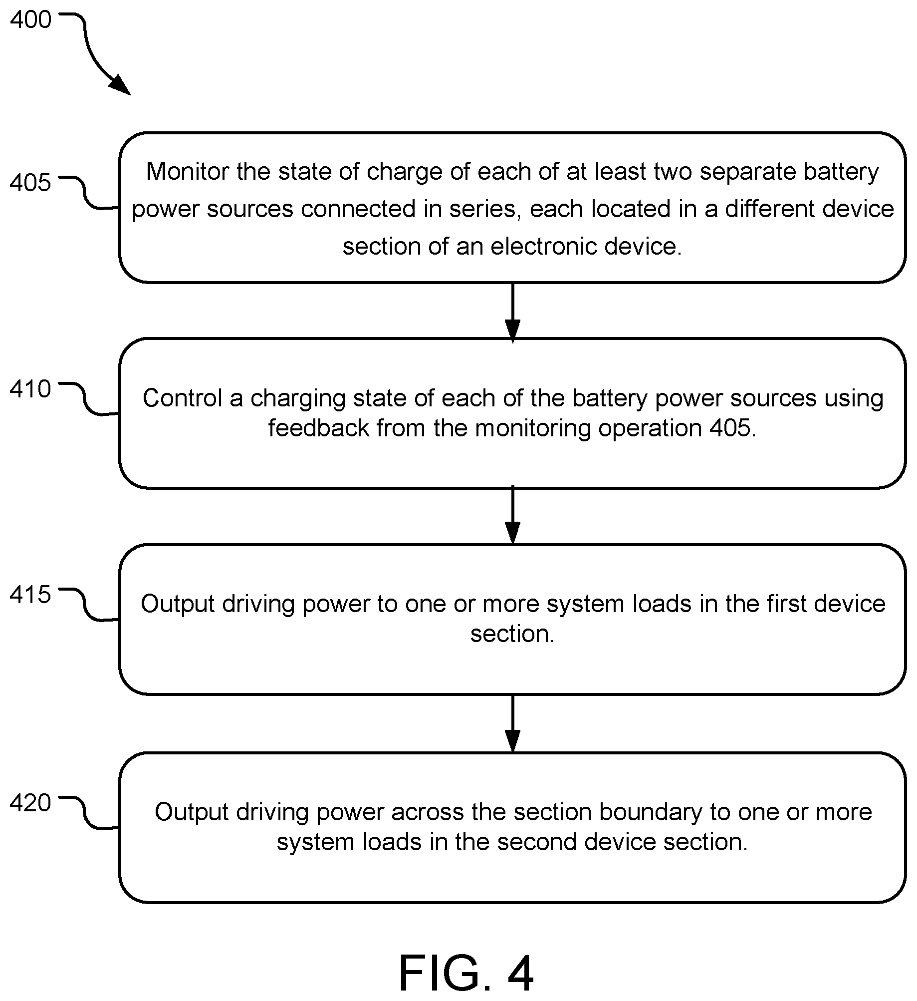 Patent US11841754 Figure 4 – Series battery discharge management across a device section boundary