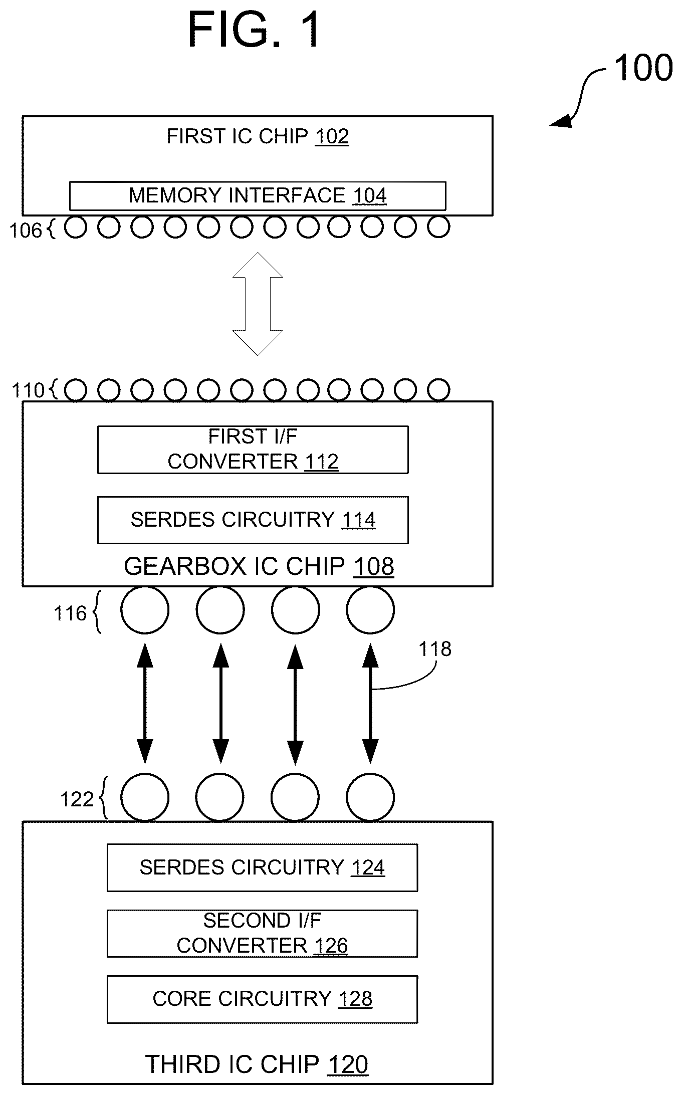 Patent US11841815 Figure 1 – Chiplet gearbox for low-cost multi-chip module applications