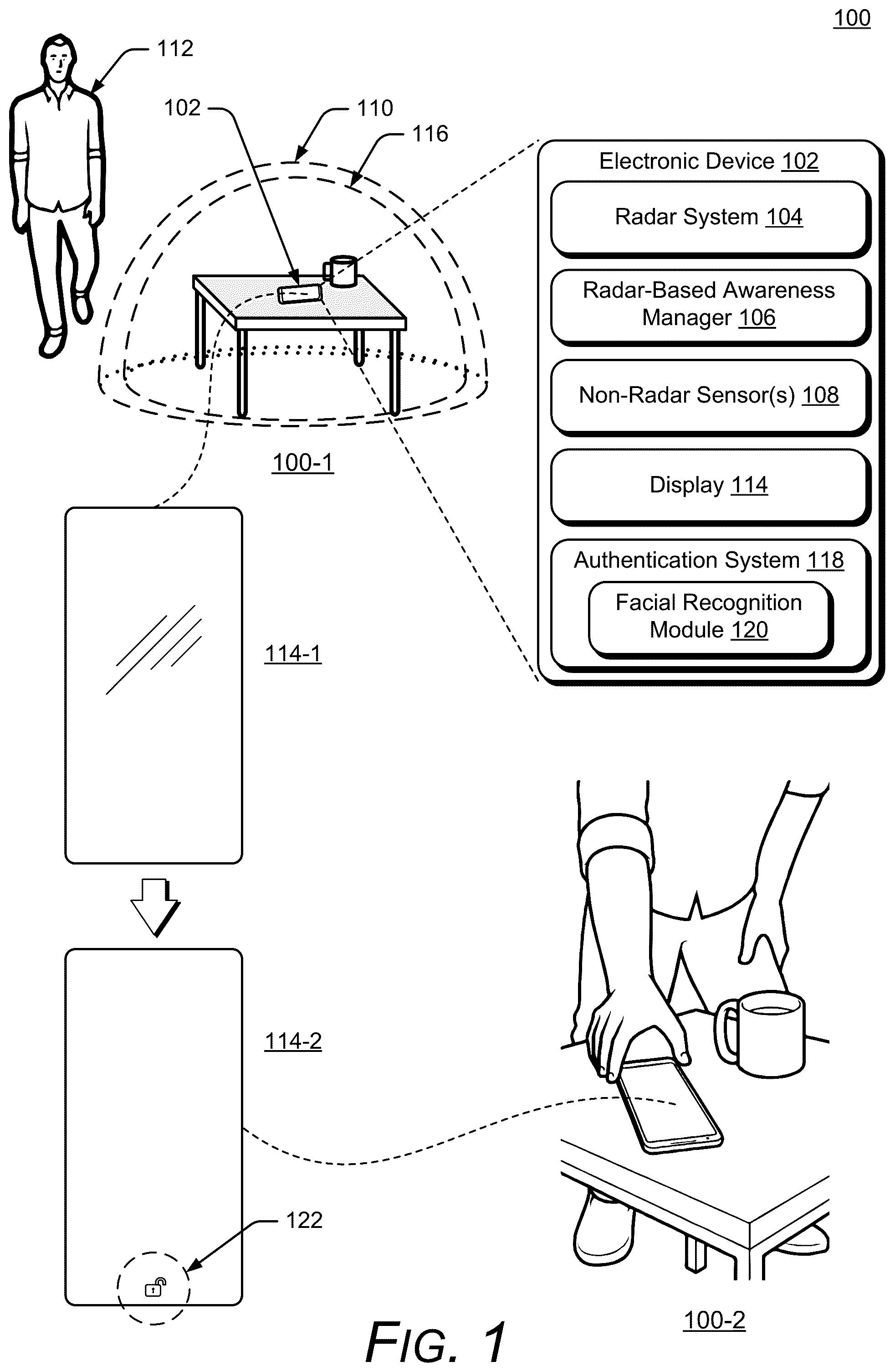 Patent US11841933 Figure 1 – Radar-based authentication status feedback