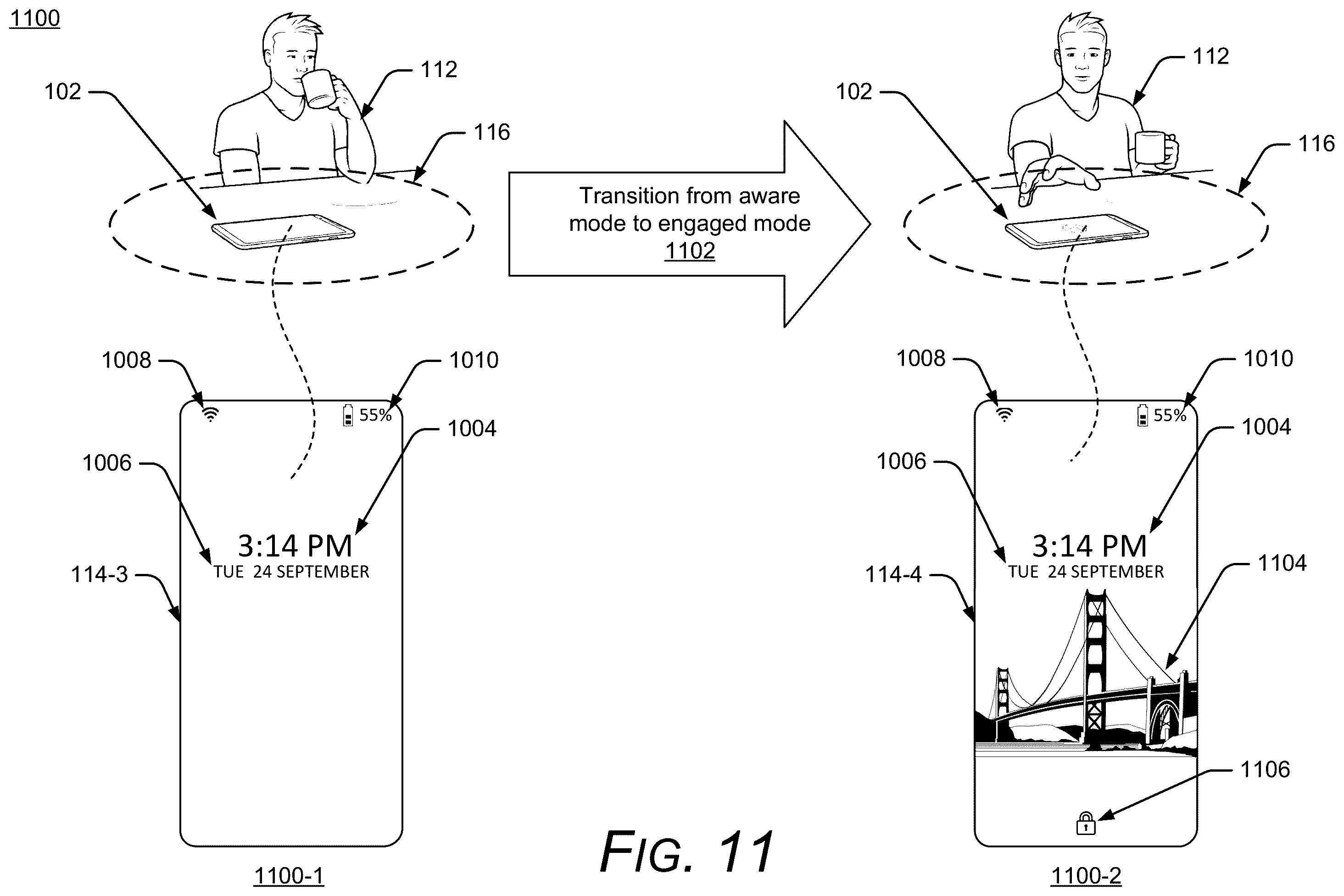 Patent US11841933 Figure 11 – Radar-based authentication status feedback