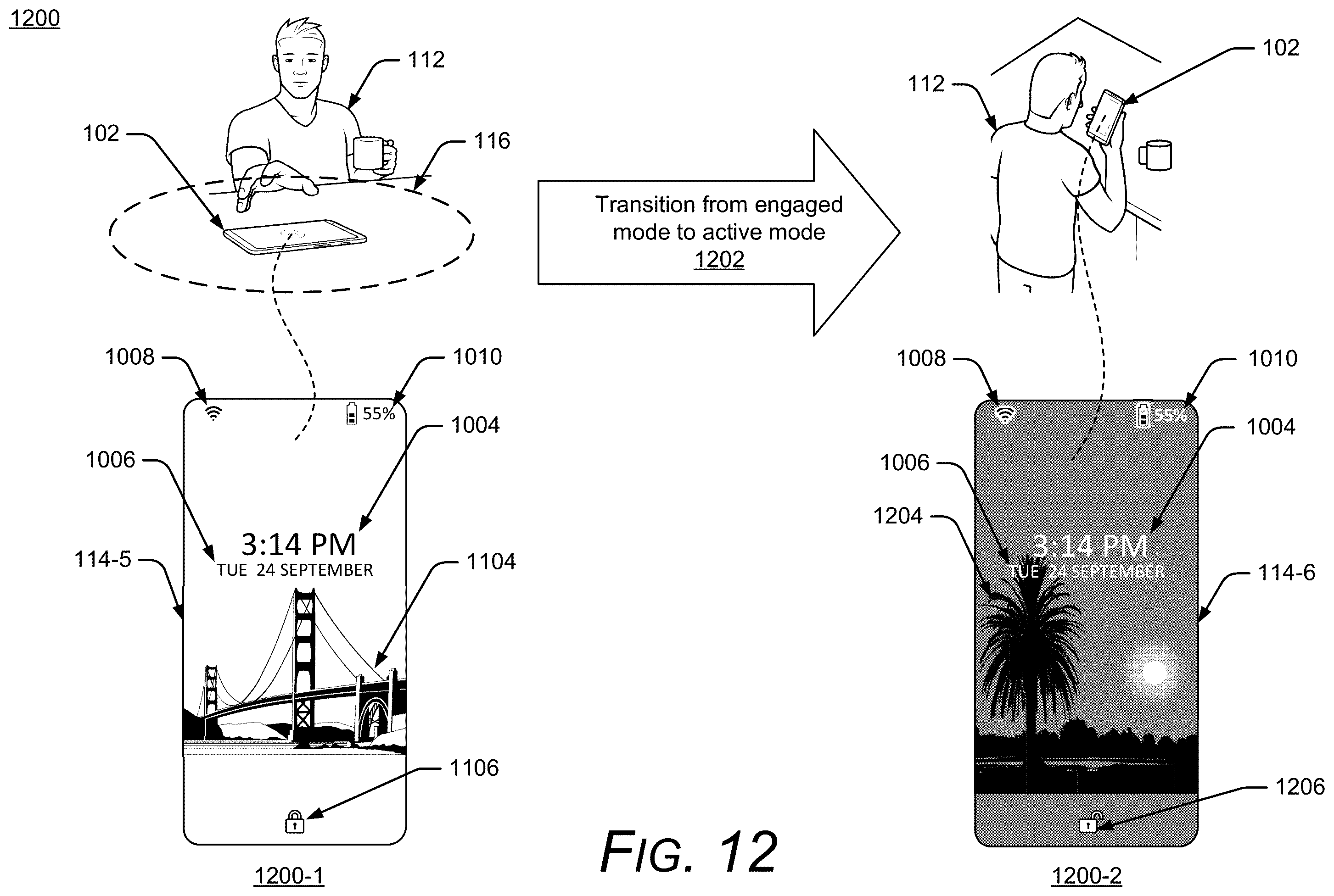 Patent US11841933 Figure 12 – Radar-based authentication status feedback