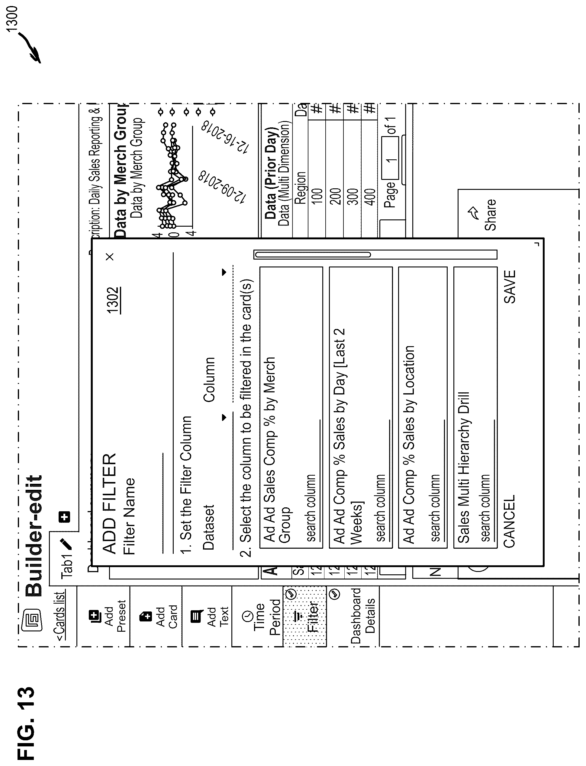 Patent US11847170 Figure 13 – Data visualization tool with guided visualization creation and secure publication features, and graphical user interface thereof