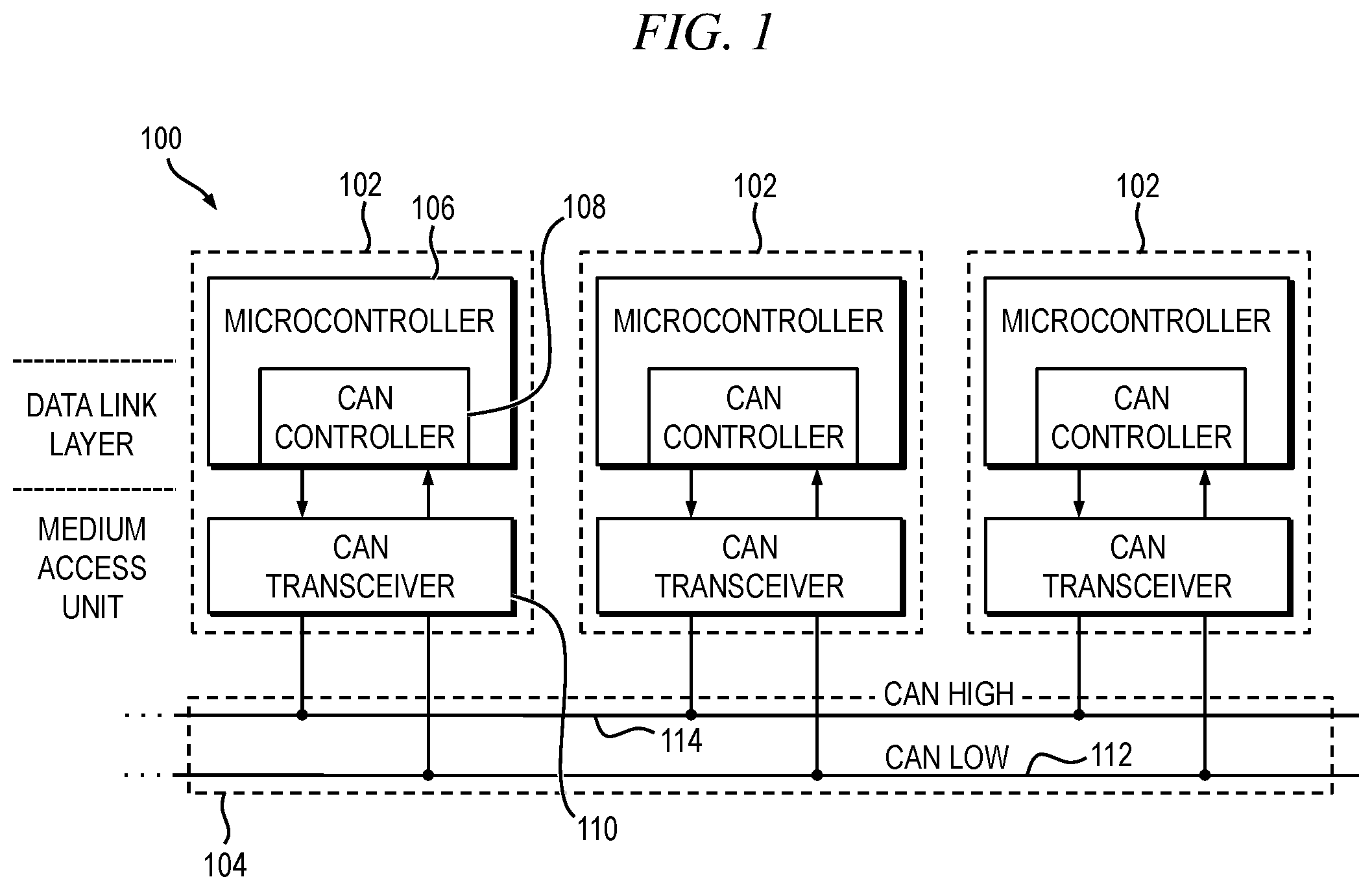 Patent US11847254 Figure 1 – Voltage override device for physical intrusion prevention on a data bus
